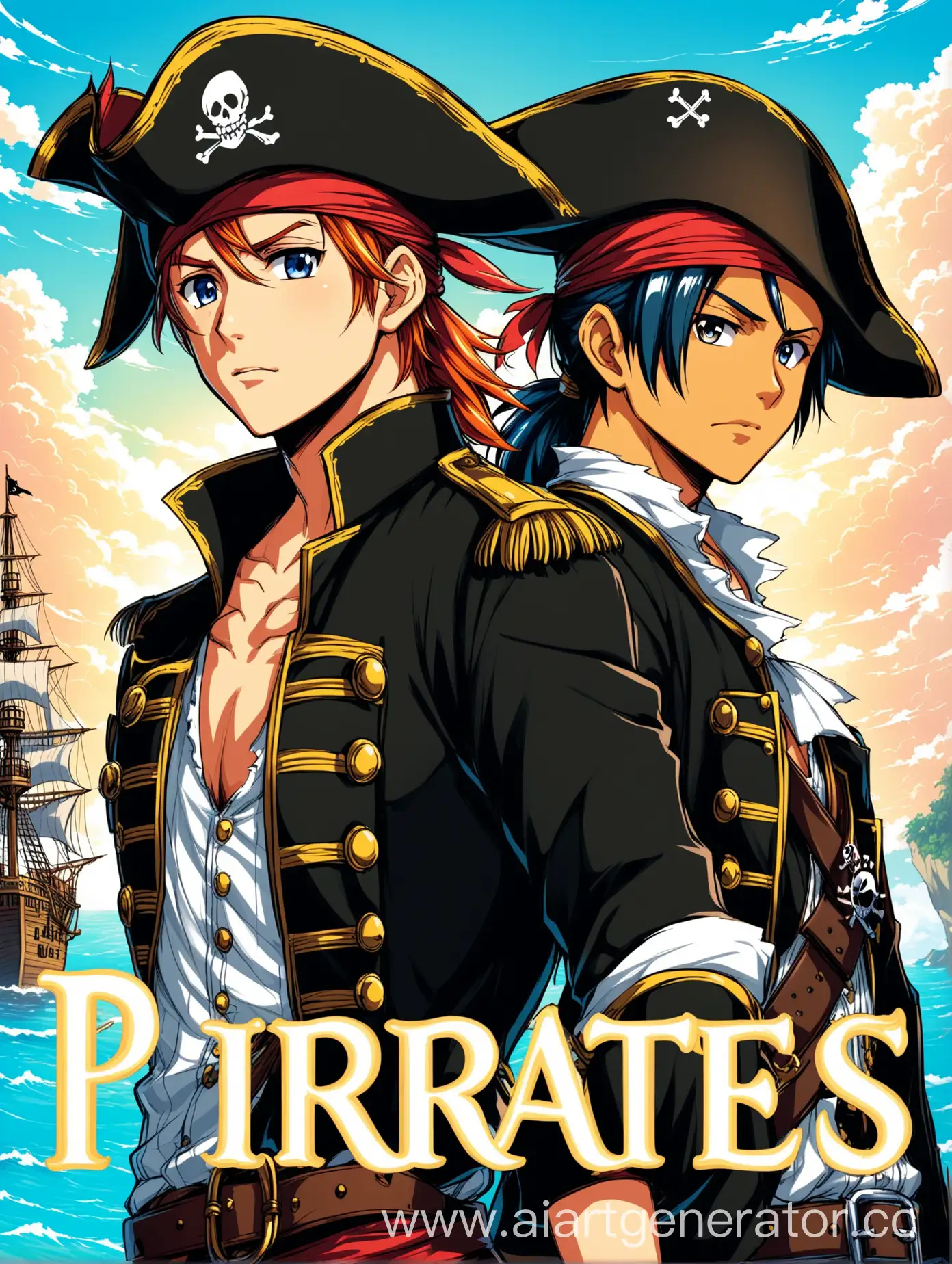 Нарисуй обложку для фанфика про пиратов, в стиле аниме. Должно быть два главных героя оба парня. Никаких девушек.