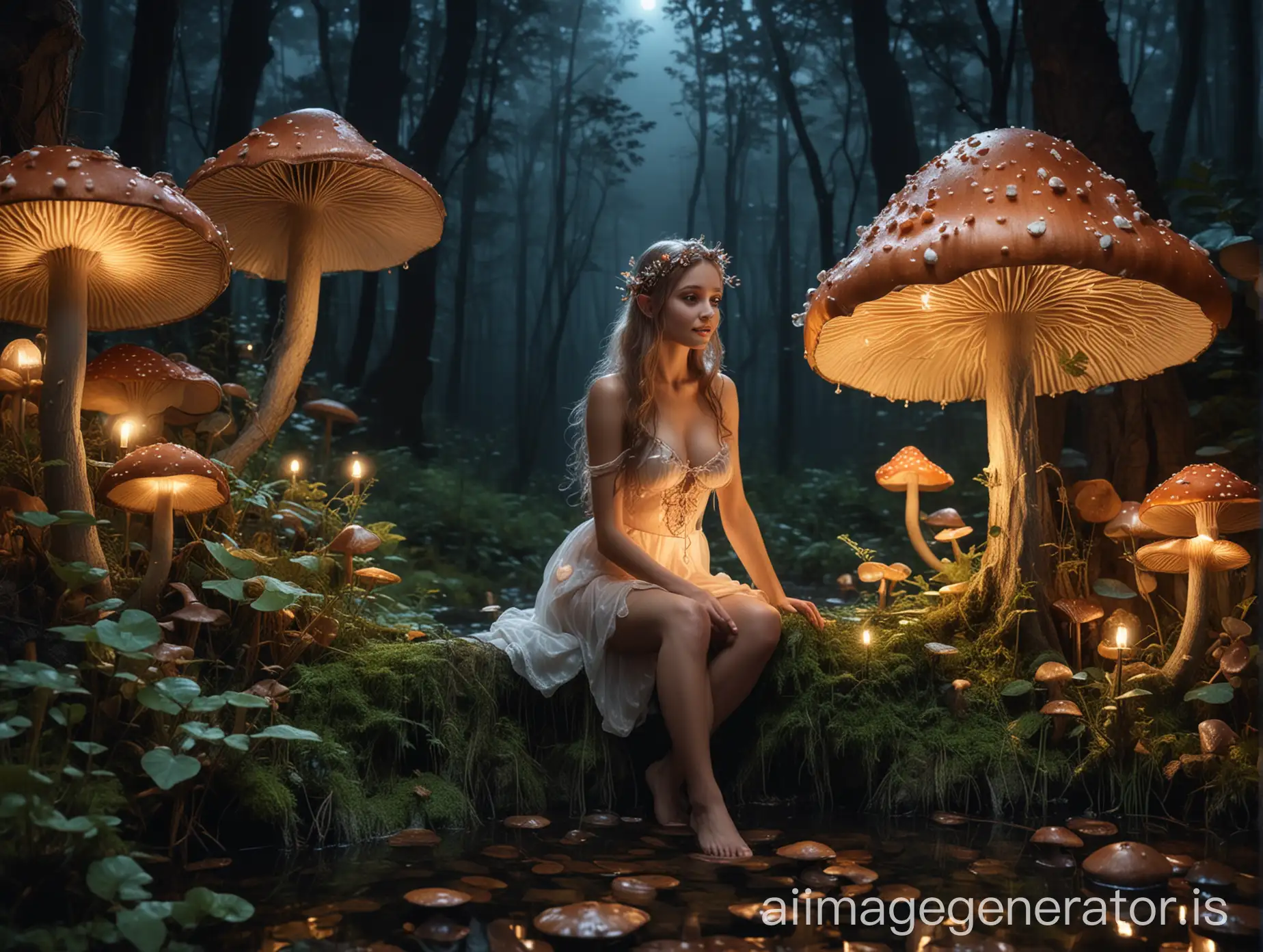 beautiful fairy bathing in the mythical mushroom forest at night holding lamp
