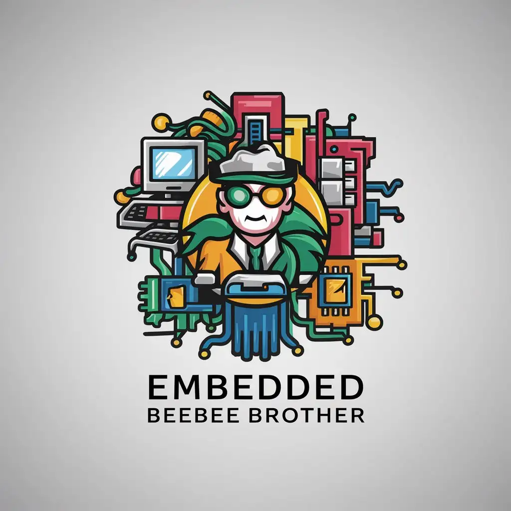 a logo design,with the text "embedded beebee brother", main symbol:programmer,computer,office desk,chip,circuit,hardware,colorful,complex,be used in Internet industry,clear background