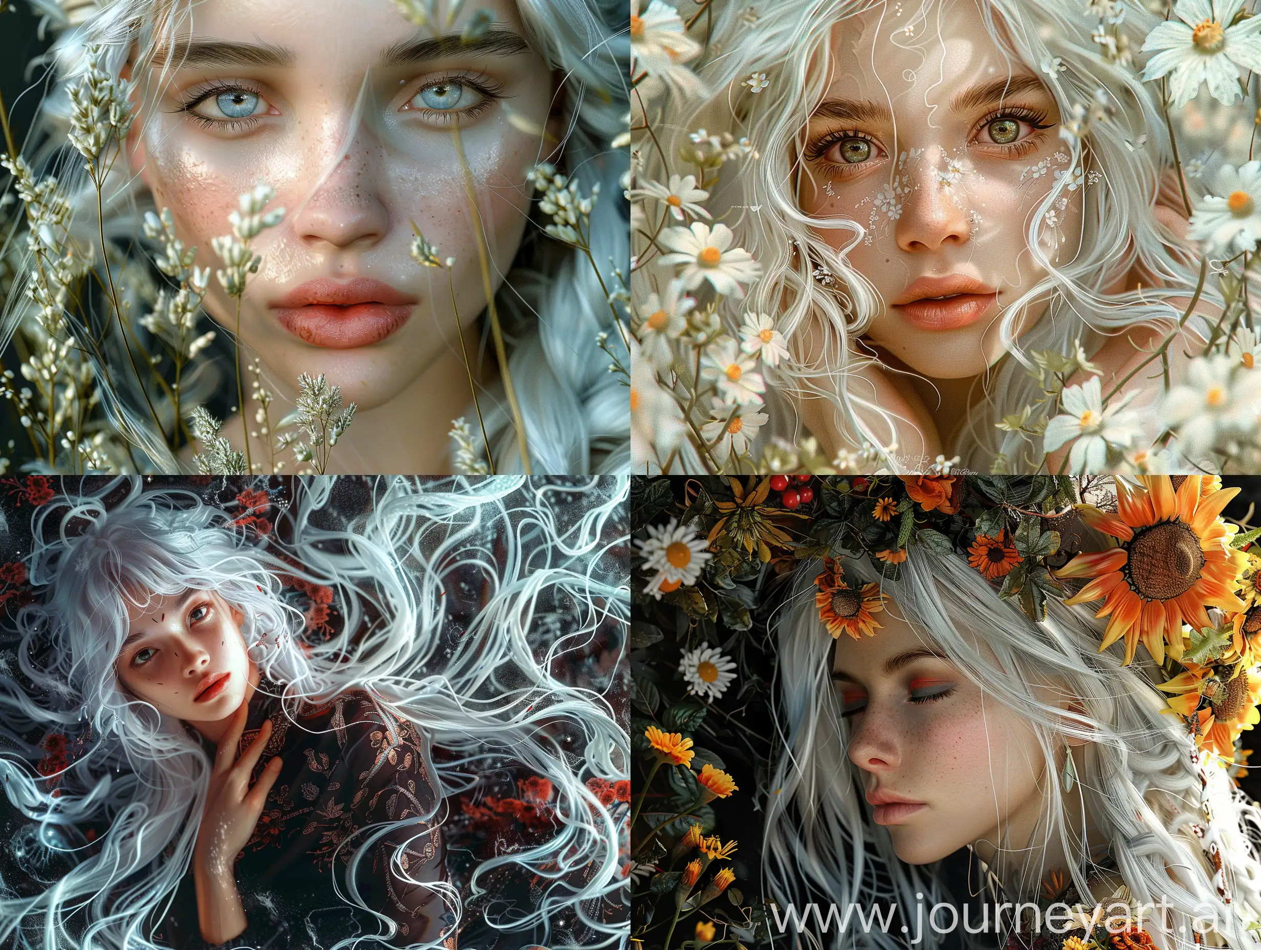Beautiful-Woman-with-White-Hair-Surrounded-by-Mki-and-Agrostemma-Flowers-in-Bohemian-Style-Illustration