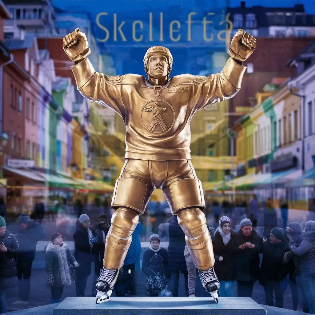 Golden Statue of Ice Hockey Player in Skellefte