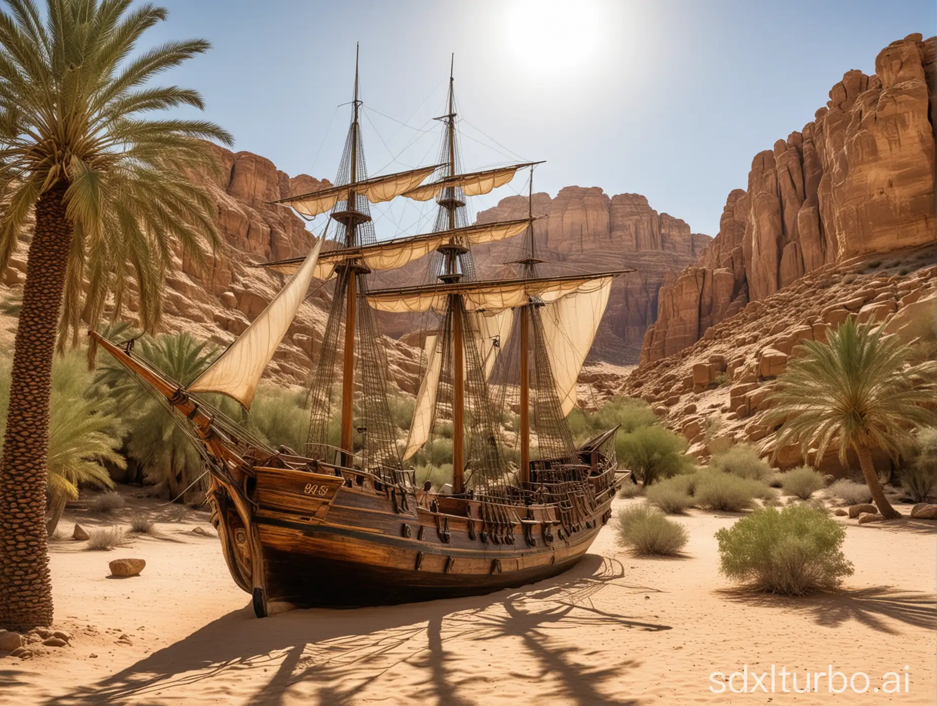 an old sailing ship in the desert in an oasis