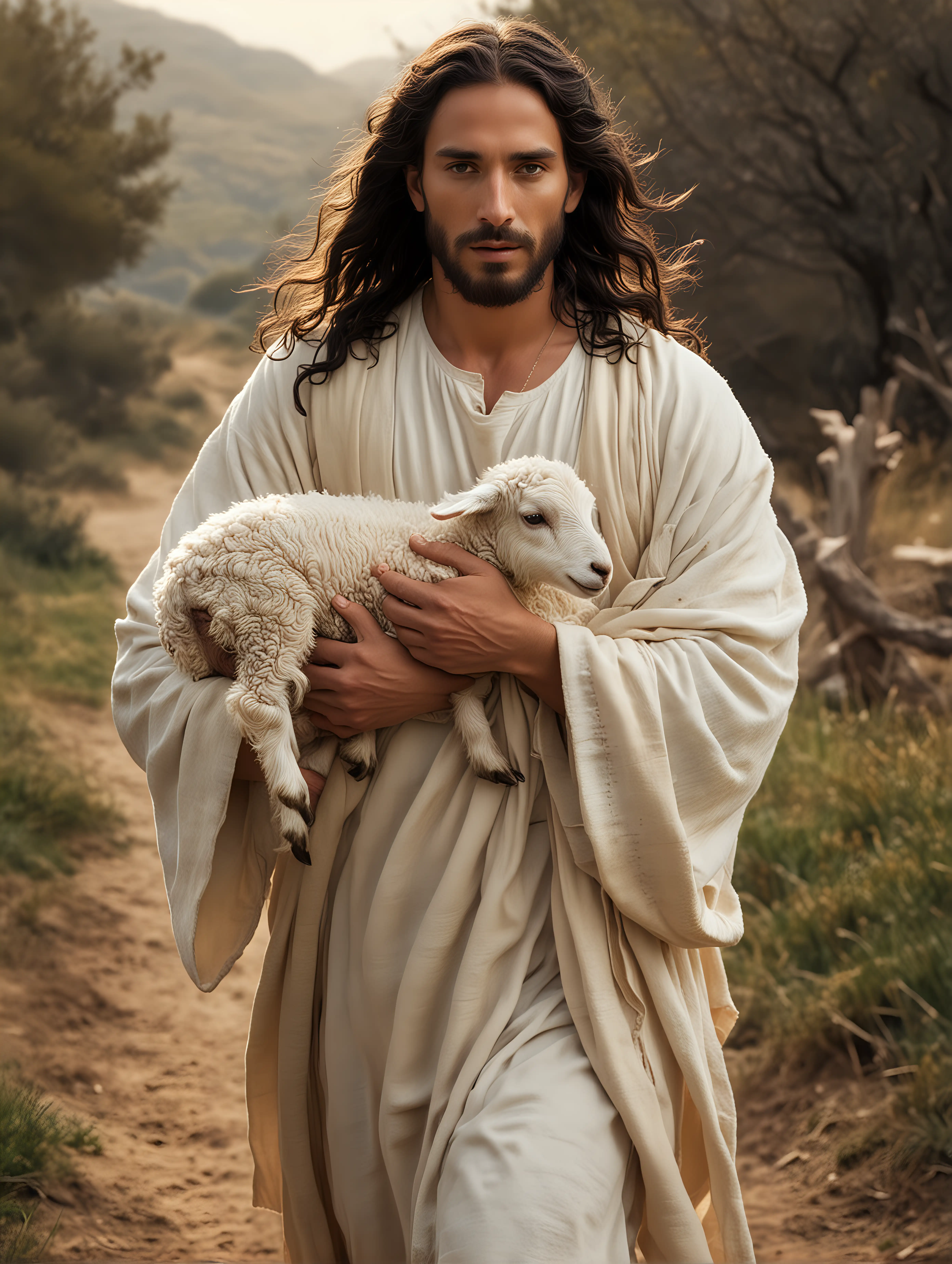 JESUS WITH LONG, DARK WAVY HAIR, CARRYING A LAMB IN HIS ARM