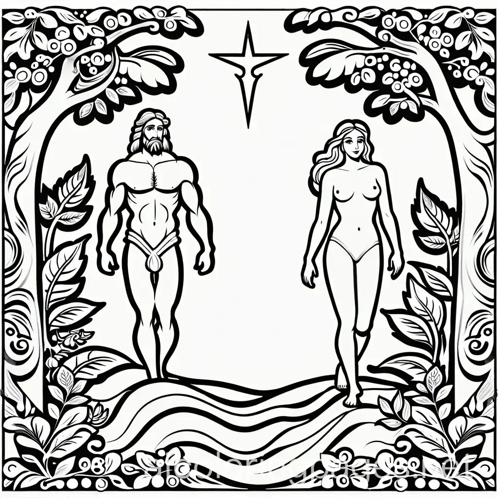 Adam and Eve of the bible black and white no background, Coloring Page, black and white, line art, white background, Simplicity, Ample White Space. The background of the coloring page is plain white to make it easy for young children to color within the lines. The outlines of all the subjects are easy to distinguish, making it simple for kids to color without too much difficulty