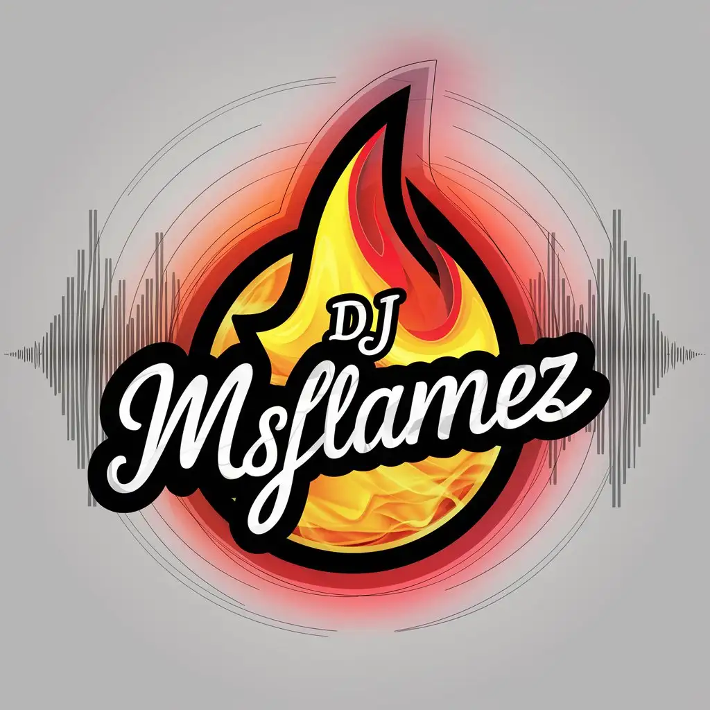 a logo design,with the text "DJ MsFlamez", main symbol:a logo design,with the text 'DJ MsFlamez', main symbol:Black outline,glow, red, yellow, orange, sexy, soundwaves, MsFlamez in cursive, soundwaves, realisticfire,Moderate,clear background,complex,clear background