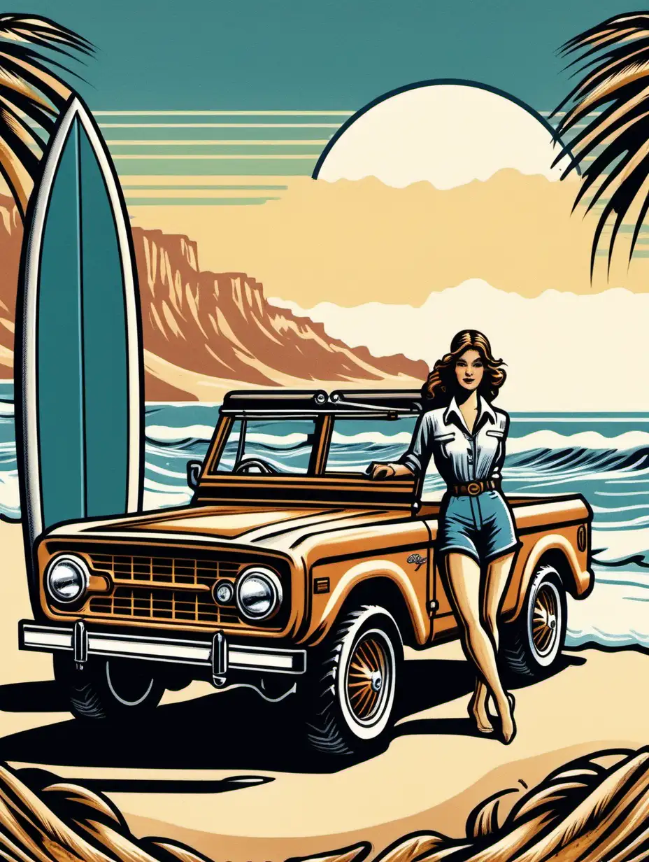 Vintage Female Surfer and Bronco Truck by the Beach