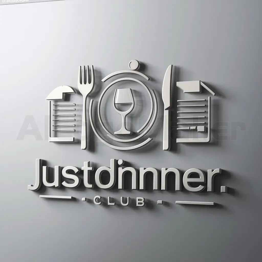 a logo design,with the text "justDINNER.Club", main symbol:fork, knife, plate, wine glass, paperwork,Moderate,be used in Others industry,clear background