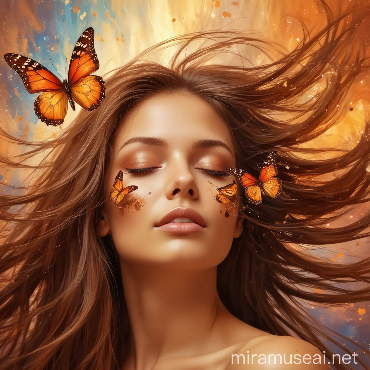 Abstract Digital Art Tranquil Woman with Butterfly and Skyward Hair