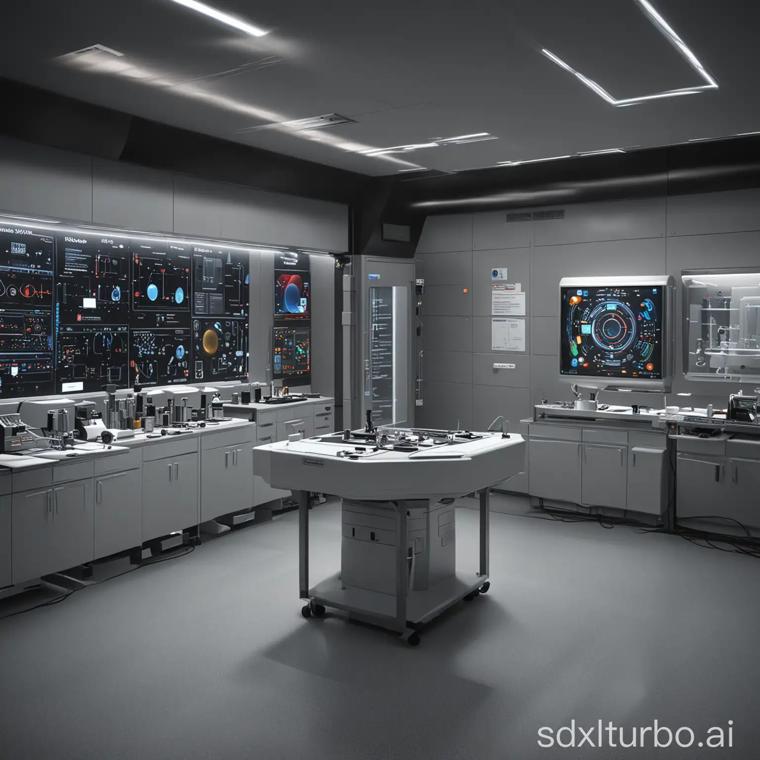 In this image, you can see a fantasy space of a modern technology laboratory. The lab is full of futuristic technological elements, with flickering LED lights on the walls and soft reflections on the floor. On the central countertop, there is a 3D rendering of a hand-held spectroscopic instrument with a strong sense of science and technology, and the smooth surface reflects a shimmering light. The display of the spectrometer displays a rich and colorful spectral spectrum.  The whole scene is full of futuristic technology, making people feel like they are in a science fiction movie-like laboratory, full of mystery and exploration. Hopefully, this description will help you build the visual scene you want!If you have any other questions or needs, please feel free to let me know.
