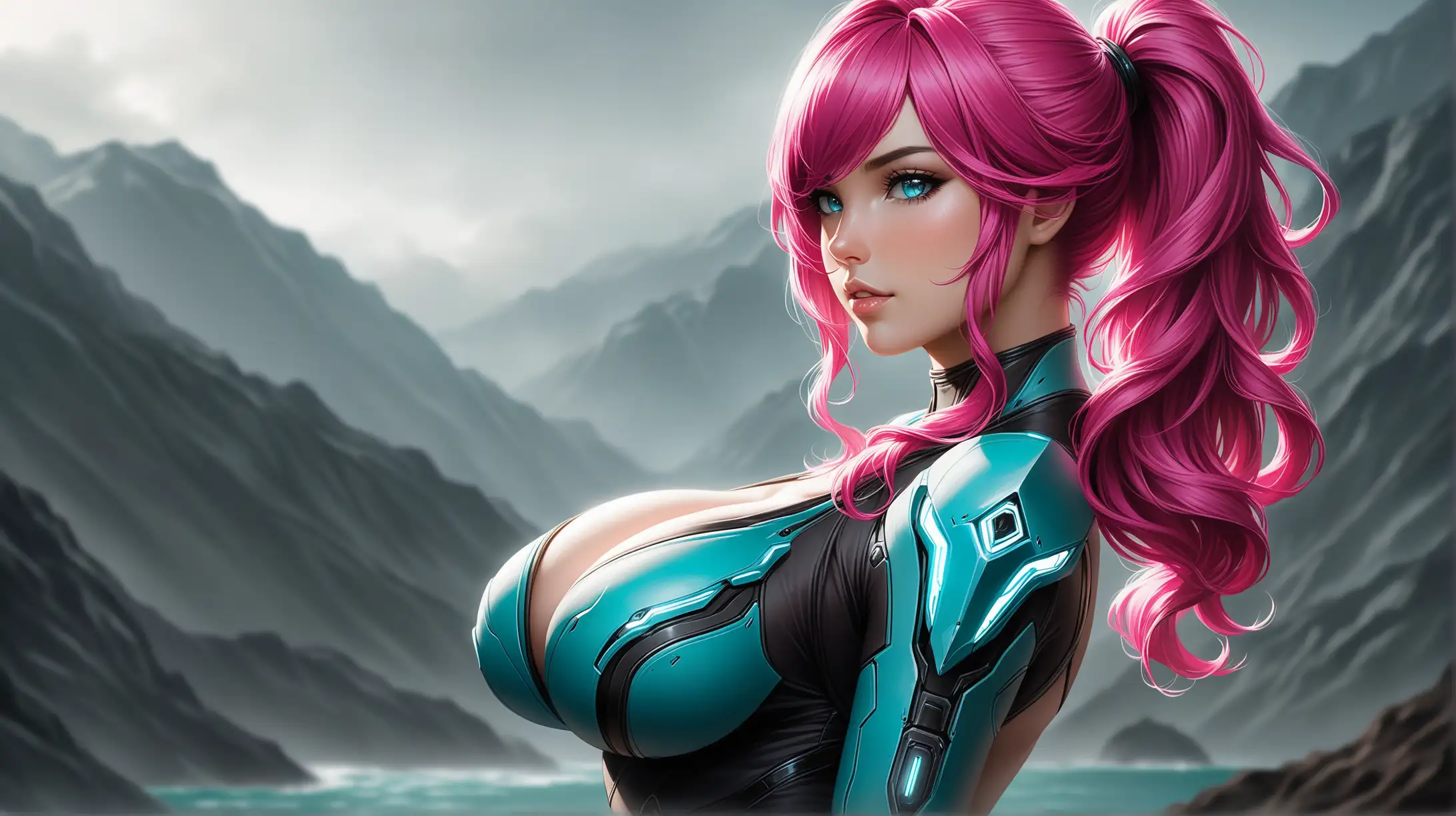 Draw a woman, curly voluminous hot pink hair, pony tail, cyan eyes, busty figure, high quality, realistic, upper body shot, natural lighting, outdoors, overcast, outfit inspired from Warframe, seductive pose, cleavage, loving gaze