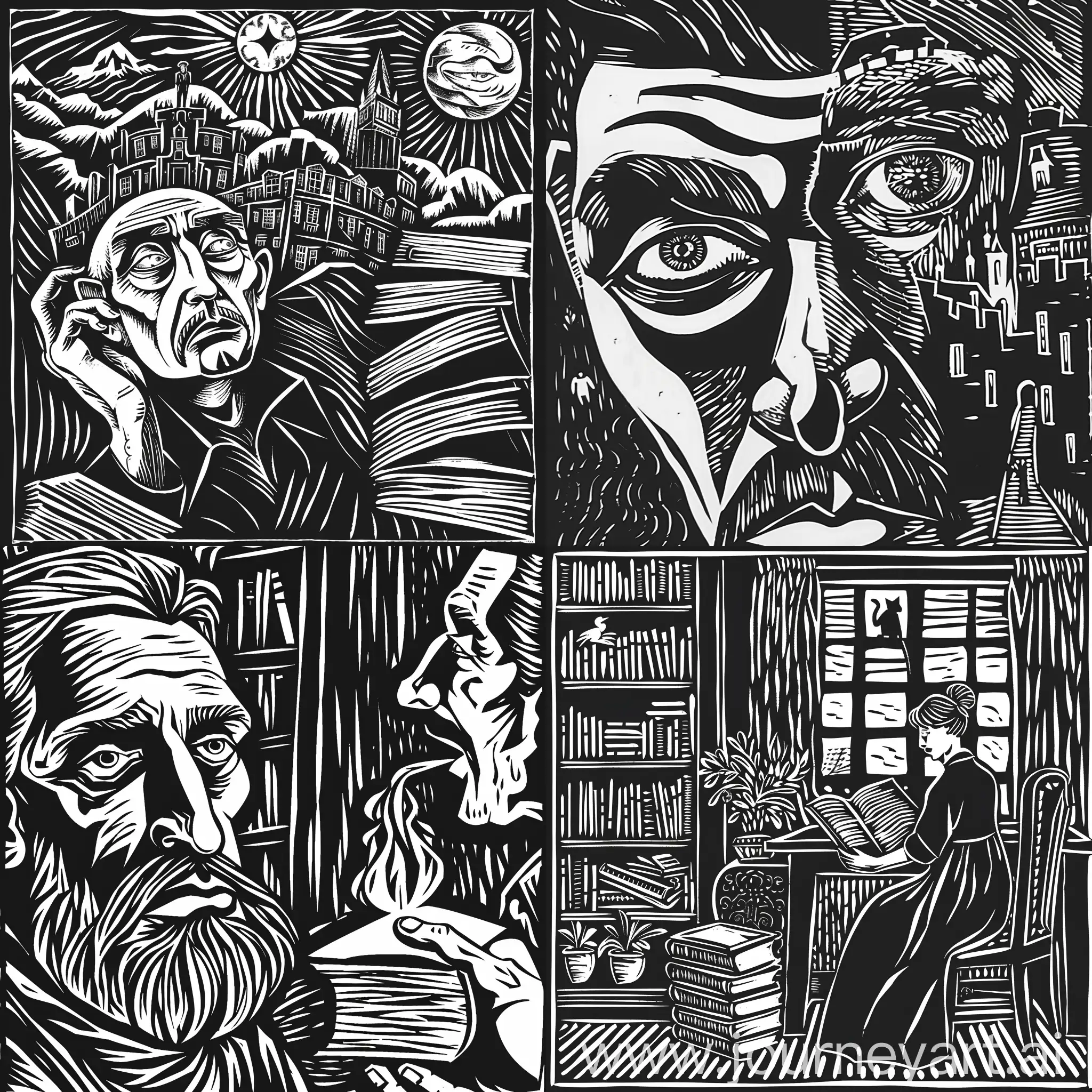 create an illustration for the novel"  The Master and Margarita" in the style of linocut