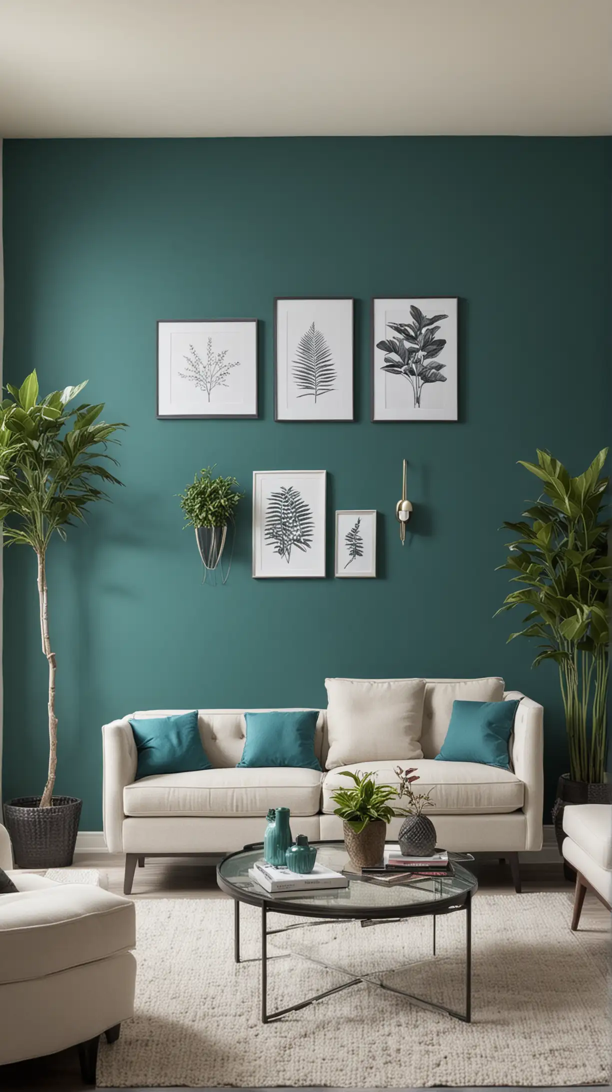 Create a modern living room with one bold teal accent wall, featuring neutral-colored, contemporary furniture in front of it. Add some decorative plants and minimalist artwork to enhance the aesthetic. Focus on clean lines and a spacious feel.