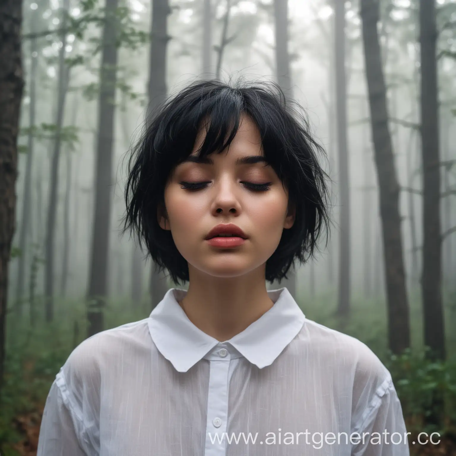 Dreamy-Girl-in-Foggy-Forest-with-Closed-Eyes