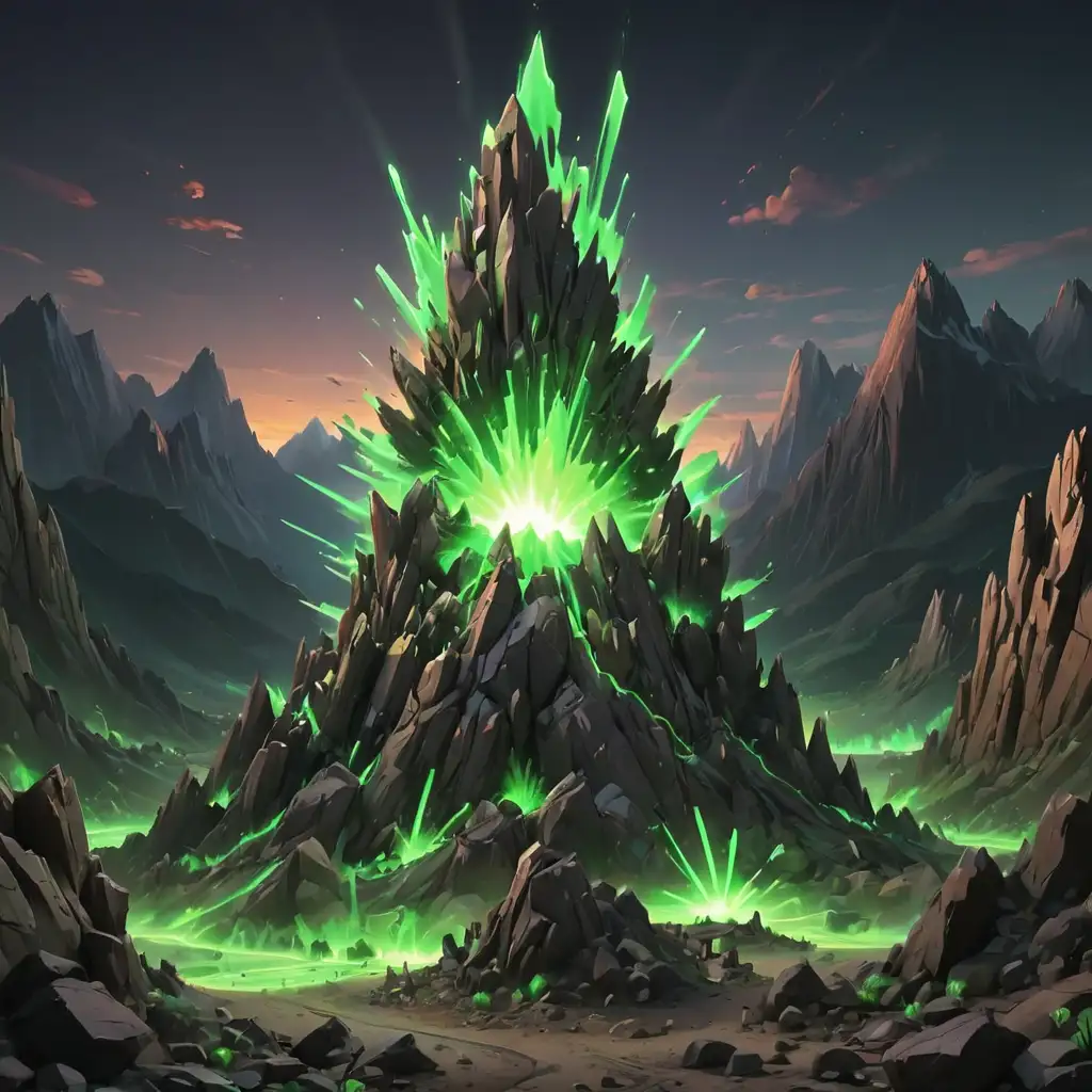 мультяшный взрыв среди острых гор с зеленым неоном 