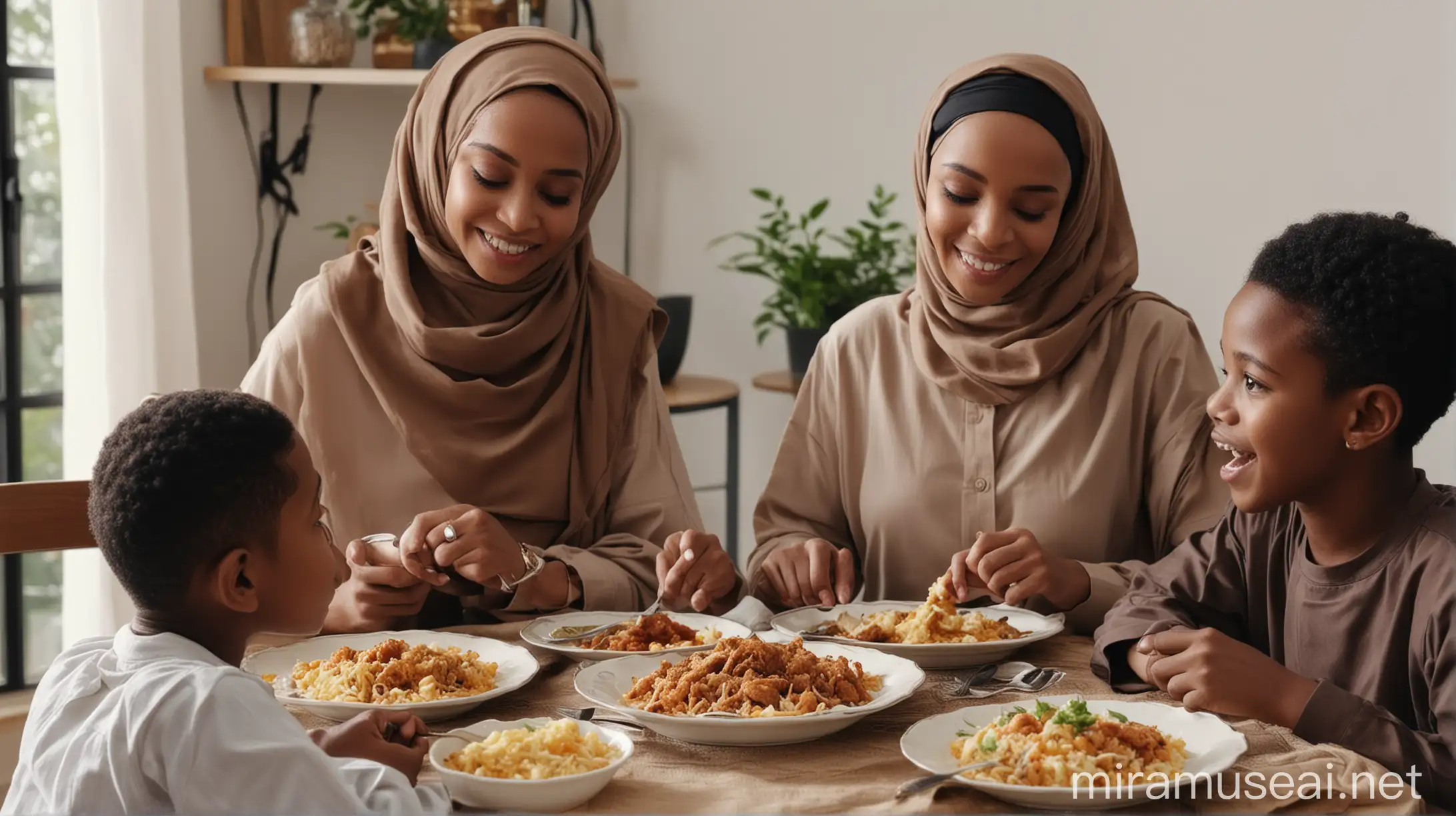 Black Muslim Family Enjoying Homemade Dinner Together