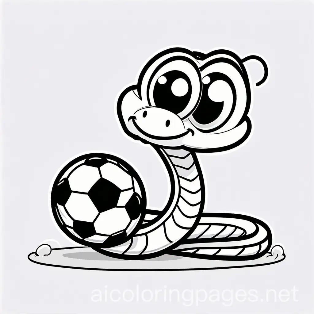 A smiling snake with big eyes playing soccer, Coloring Page, black and white, line art, white background, Simplicity, Ample White Space. The background of the coloring page is plain white to make it easy for young children to color within the lines. The outlines of all the subjects are easy to distinguish, making it simple for kids to color without too much difficulty