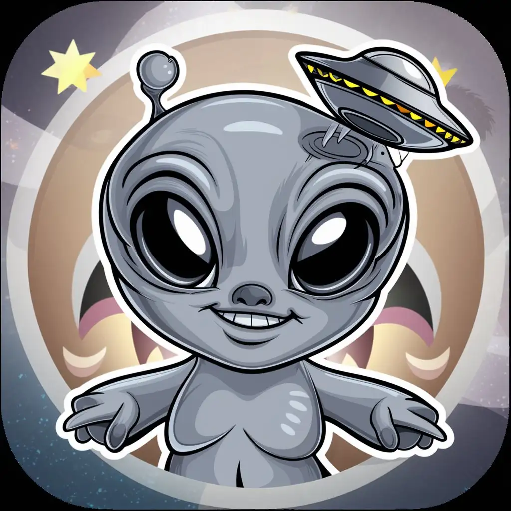 Funny Grey Alien with Big Eyes and Floating UFO Sticker