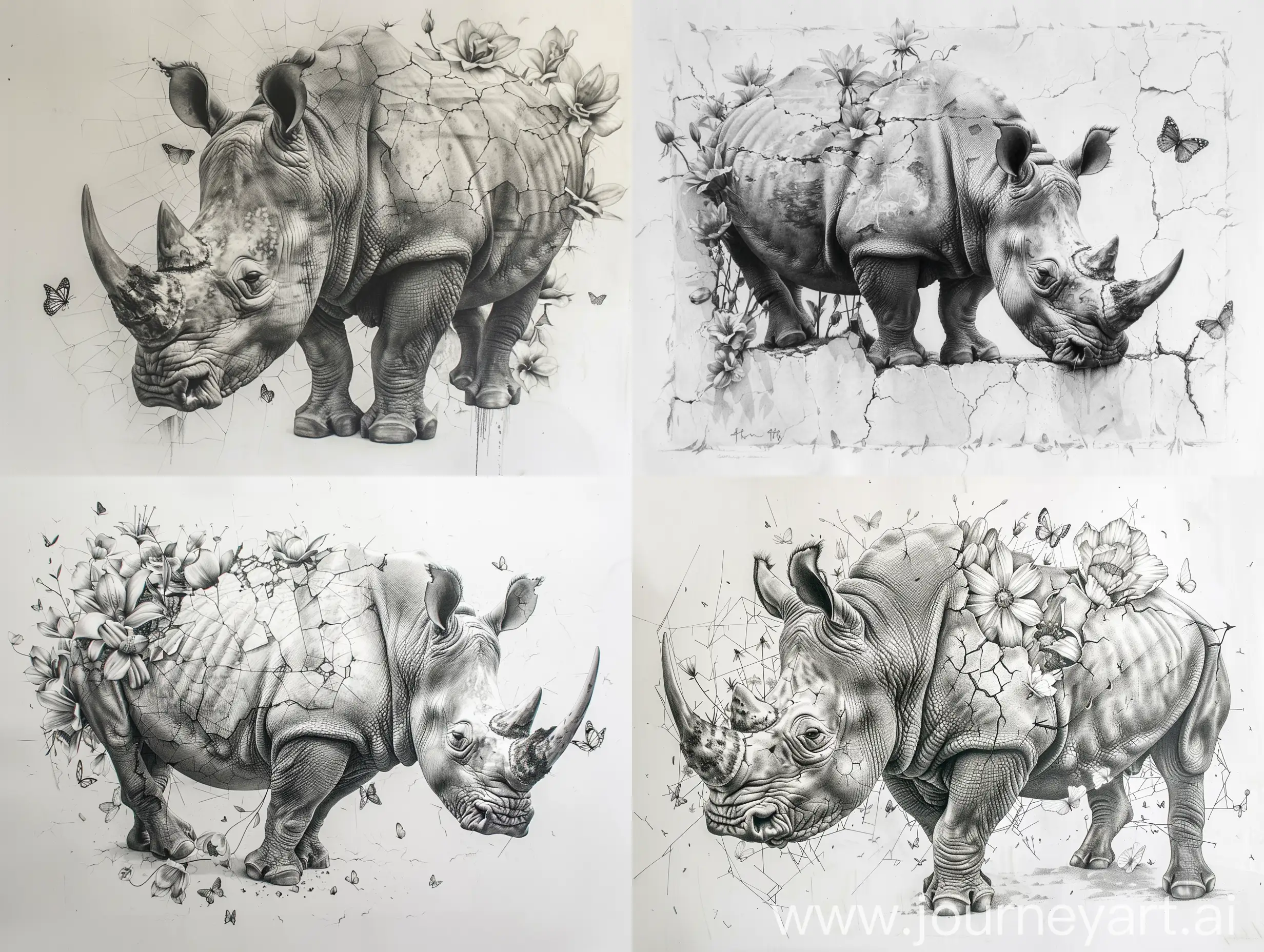 Hyper-Realistic-Rhino-Pencil-Sketch-Rhino-with-Cracked-Surface-and-Blooming-Flowers