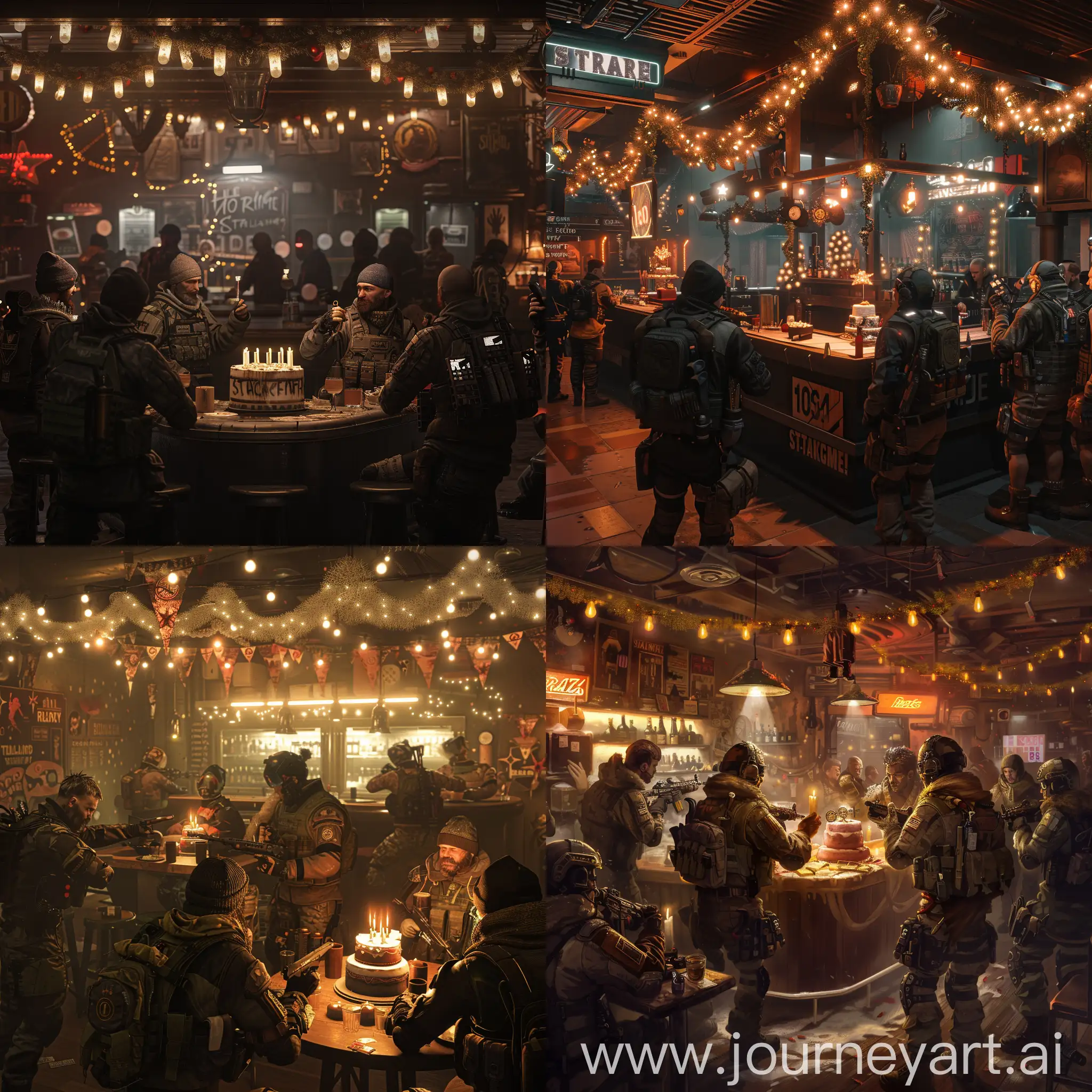 "Stalkers celebrating the 10th Anniversary of Stalcraft in the "100 Rads" bar. The bar is filled with a variety of Stalkers from different factions, each wearing modern 2024 military and tactical gear with realistic camouflage patterns and equipment. In the center, a large cake decorated with candles and the words "Stalcraft 10 Anniversary". The bar is decorated with warm white garlands, artifact-themed decorations, and faction posters on the walls. The bar owner stands behind a complex, warmly lit counter, serving drinks. Some Stalkers dance to live music, while others sit at tables lifting toasts. The lighting consists of warm, dim lights from garlands and candles on tables, creating a cozy and intimate glow. The atmosphere includes slight mist, softly burning candles, and shining artifacts, giving a sense of celebration within the familiar eeriness of the S.T.A.L.K.E.R. universe,4K,yltra realistic