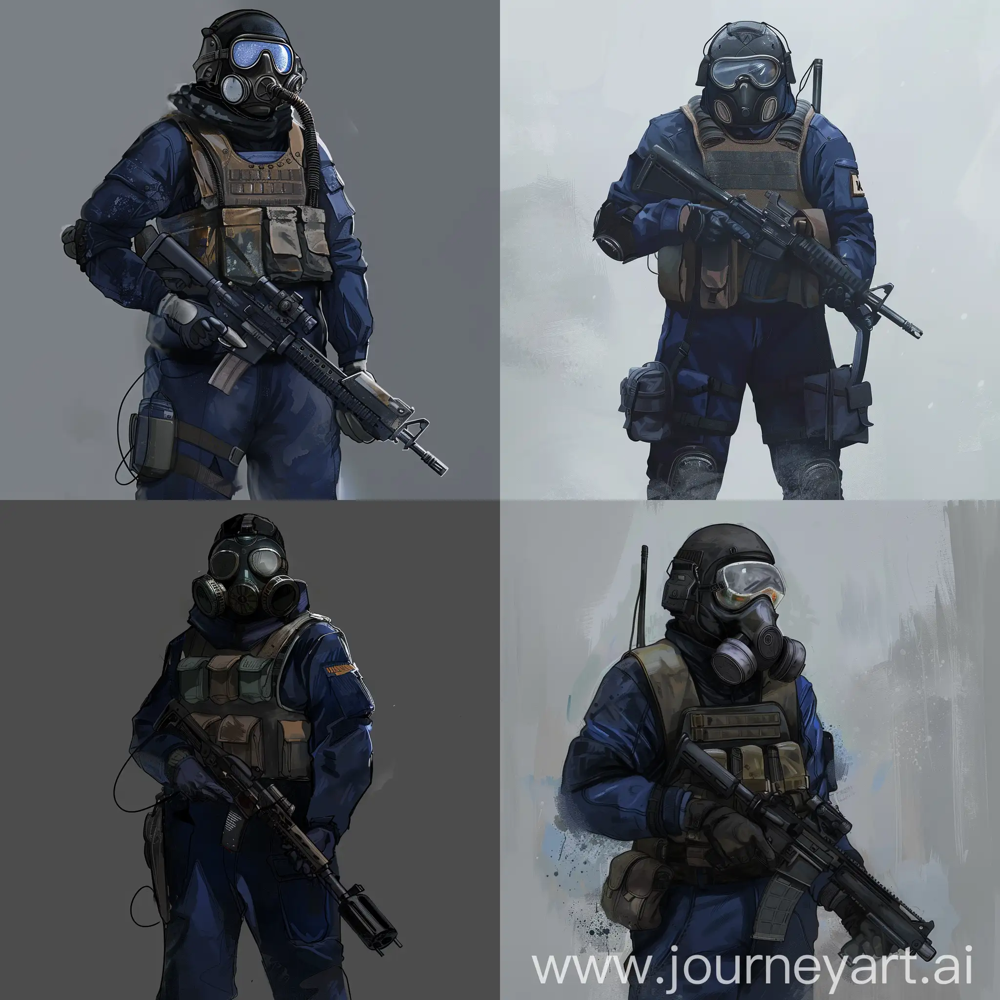 Concept art character Mercenary stalker, gasmask on face, military vest on body, dark blue jumpsuit, sniper rifle in the hands.