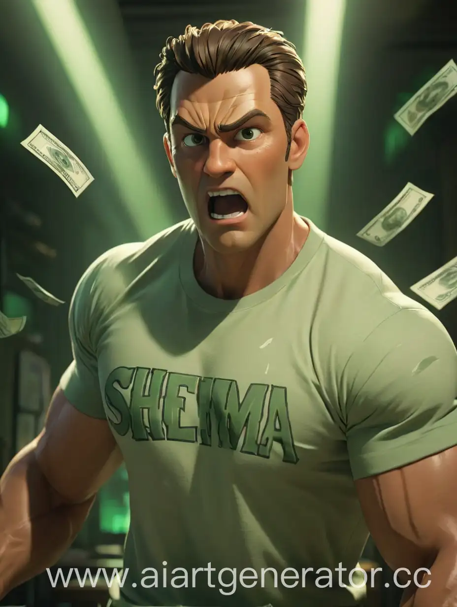 На заднем фоне летают купюры доллары $$$. У главного персонажа футболка с надписью "SHEMA" , Персонаж находится в комнате с неярким светом, акцент на лицо. Персонаж мужчина спортивного телосложения. Вокруг зеленая подсветка.