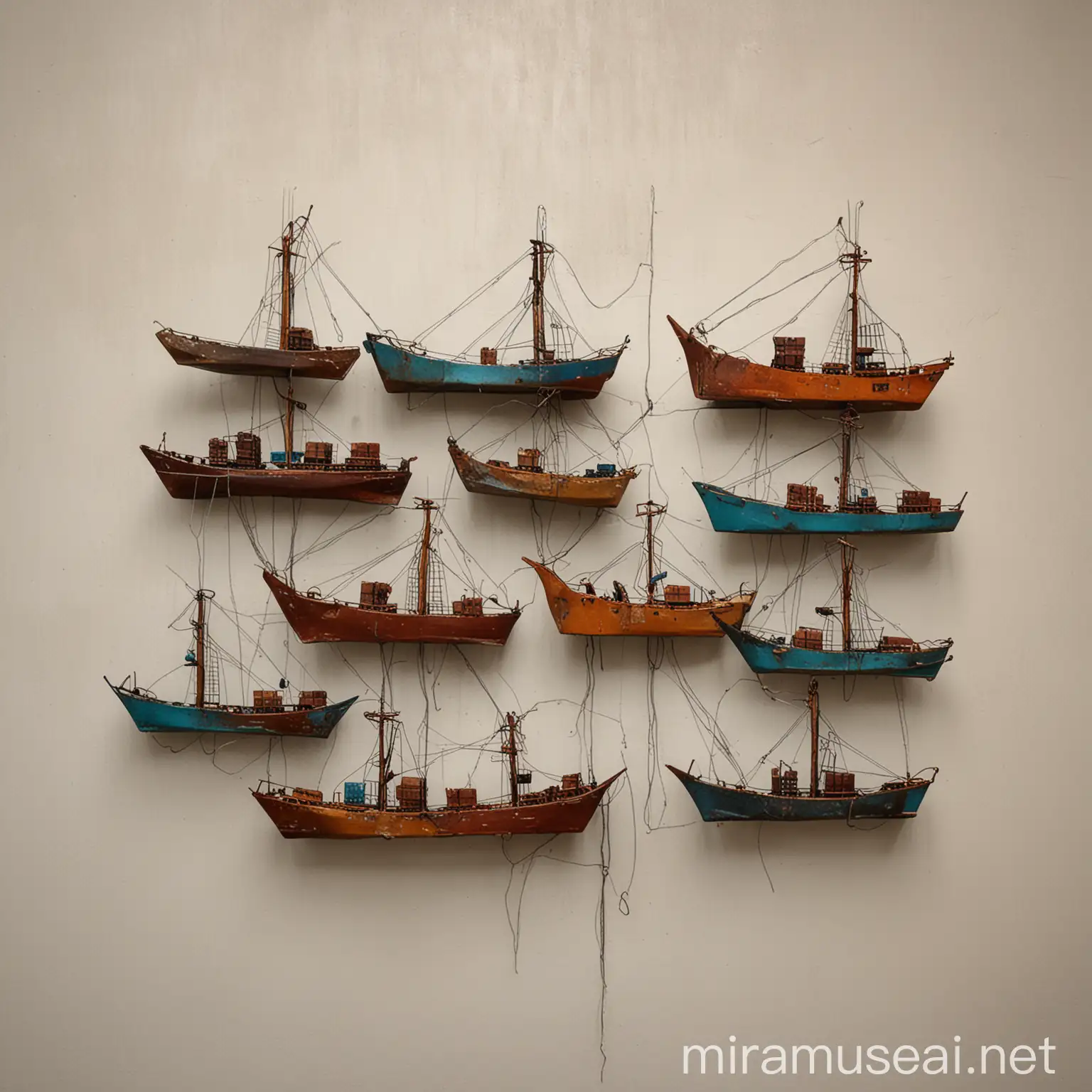 a wall sculpture- of group of gulf ships- abstracted - connected with wires - simple not too reasltic - minimal deisgn - metal rustic material - placed in a office 