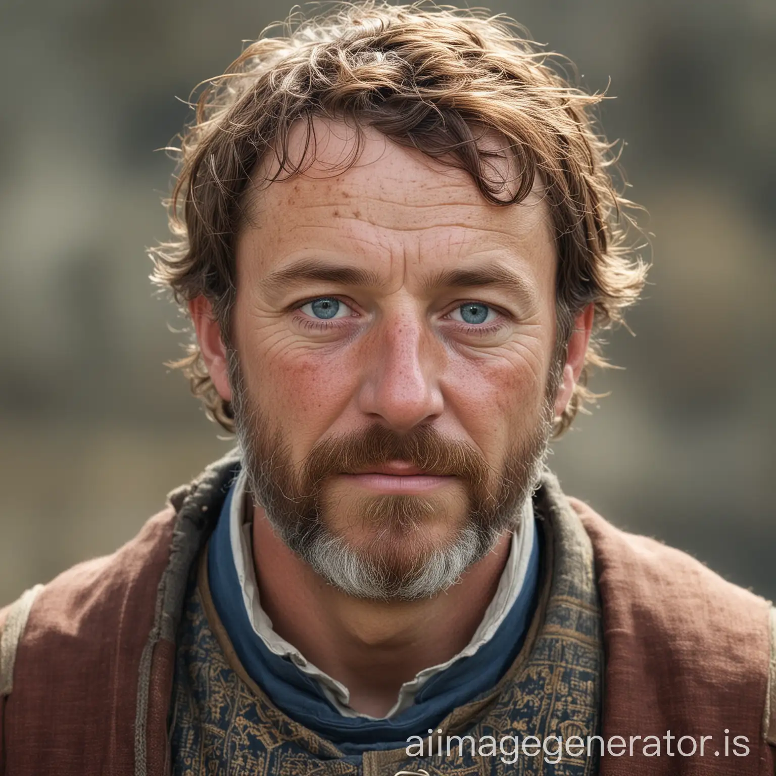 a white man around fifty years old. He's got freckles and brown hair, with a beard that is a bit white, with blue-grey eyes. He's wearing medieval traveling clothes