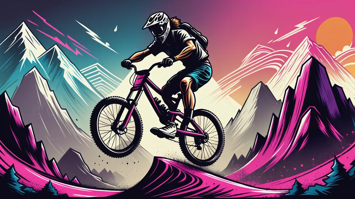 doodles with brush. mountain bike theme. jumps, loops and mountains. 80`s style. Hard rock theme. Like Metallica art work