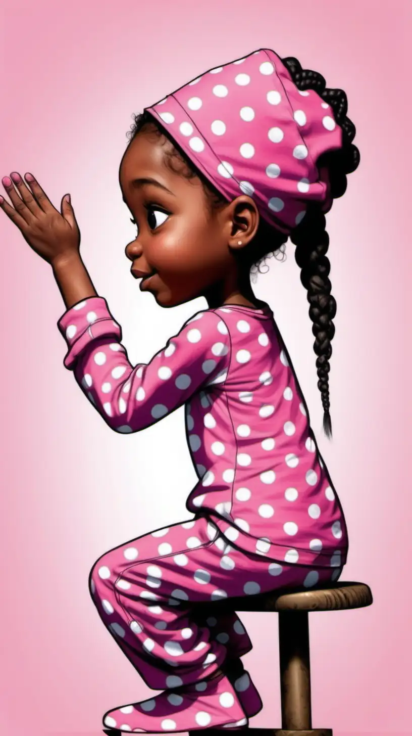 Cartoon African American Girl in Pink Polka Dot Pajamas Reaching Up