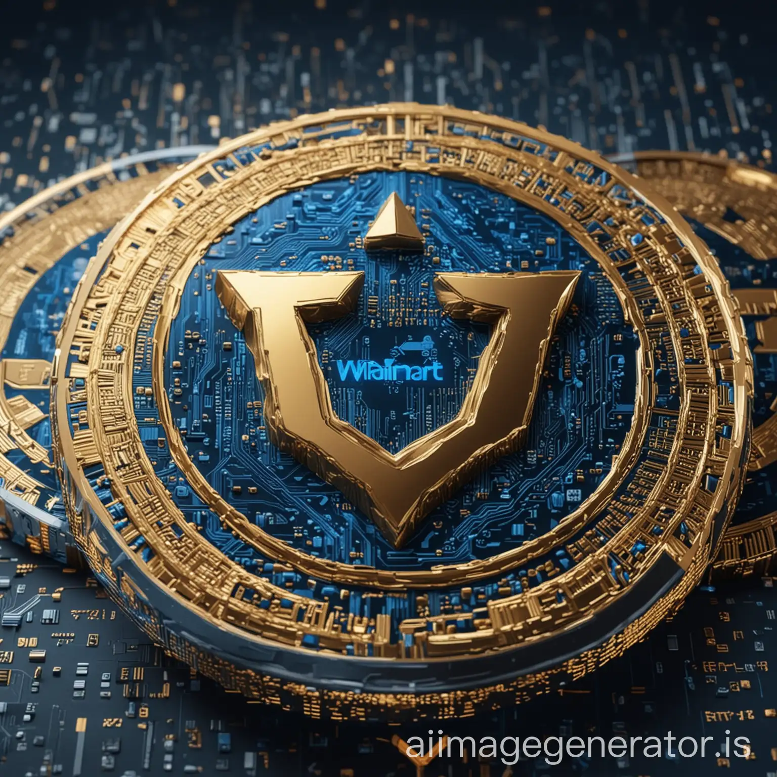 Futuristic detailed blue and gold Walmart crypto currency