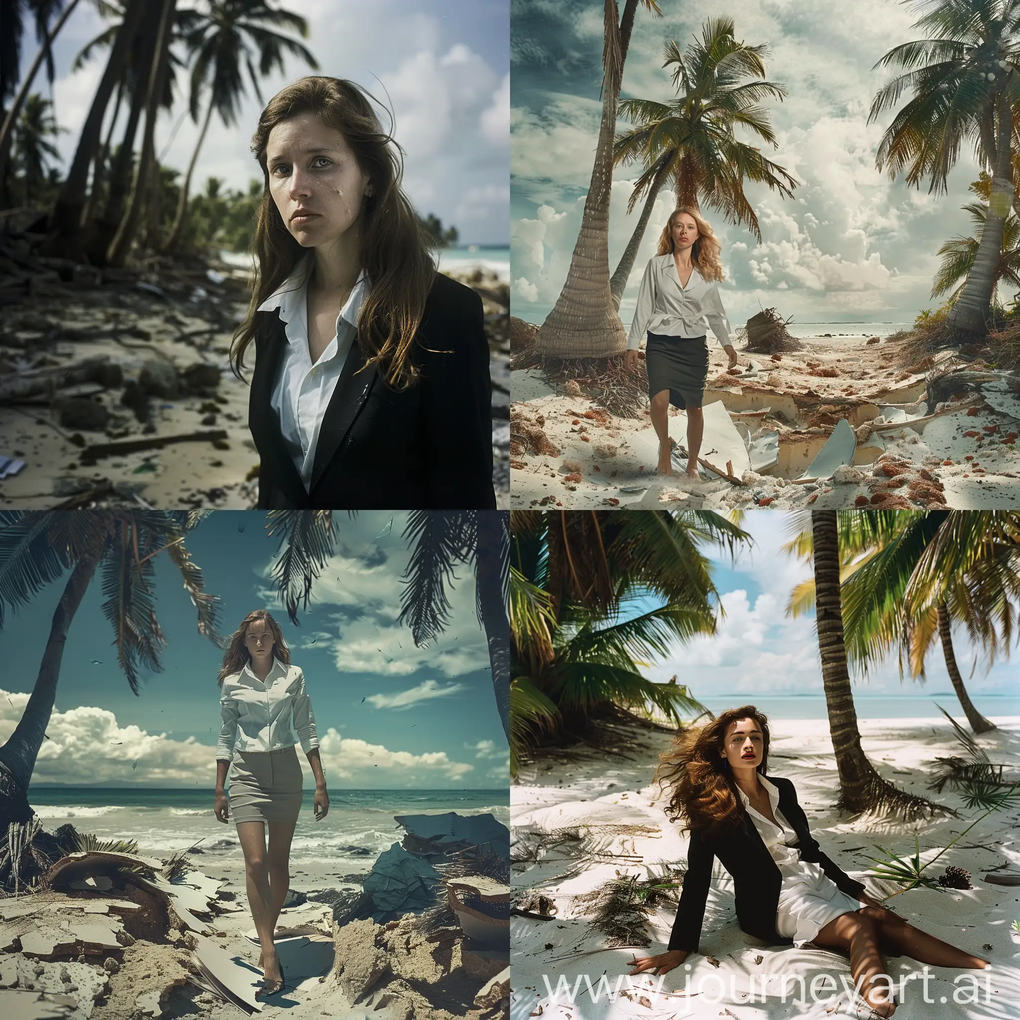 Survivor-Girl-in-Torn-Office-Attire-on-Deserted-Tropical-Island