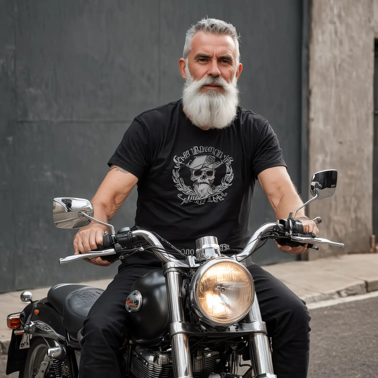 motocyklista z siwą brodą w czarnej koszulce na motocyklu