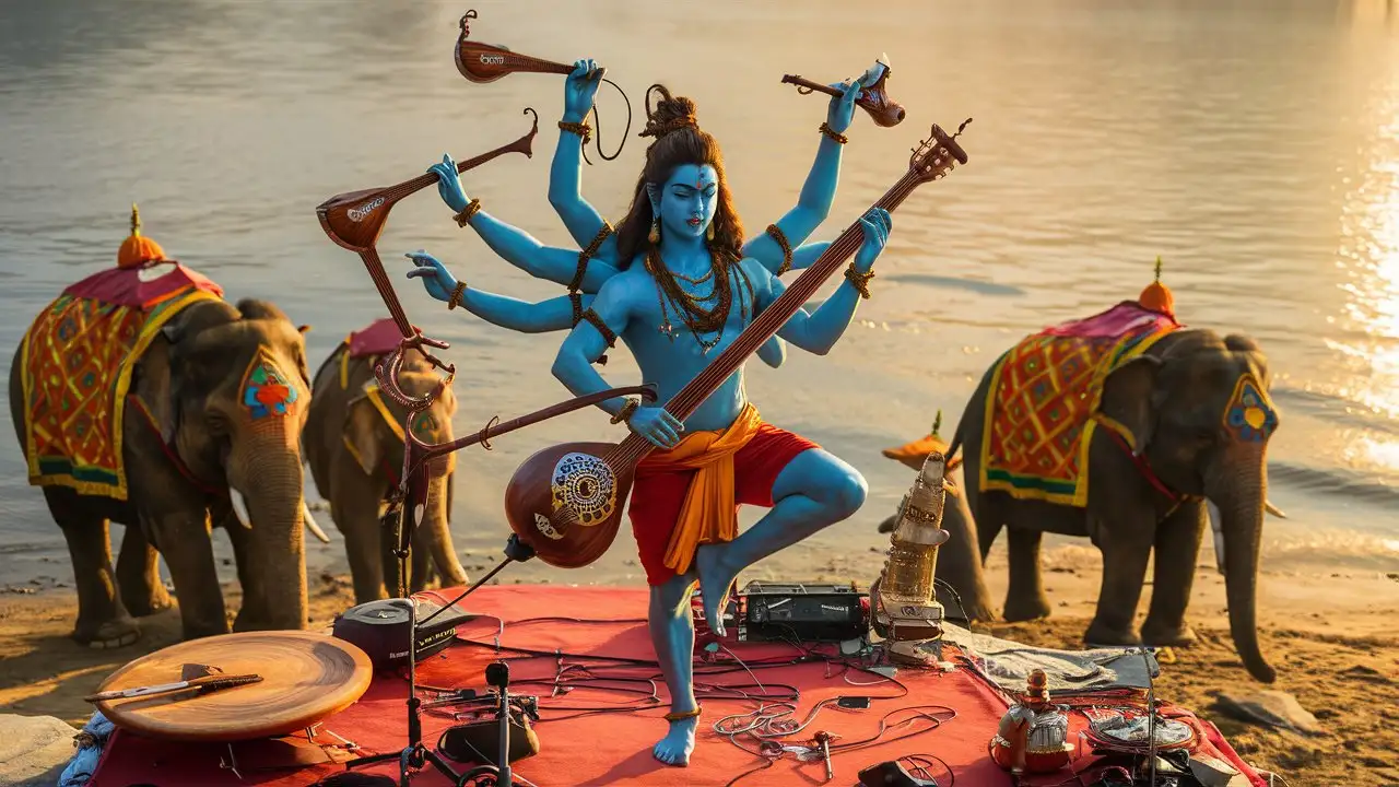 An Hindu god with eight arms, blue body color, playing fantastic string music instruments, wearing rasta clothing, on lake shore, surrounded by elephants, early morning light, cinematic, panoramic view