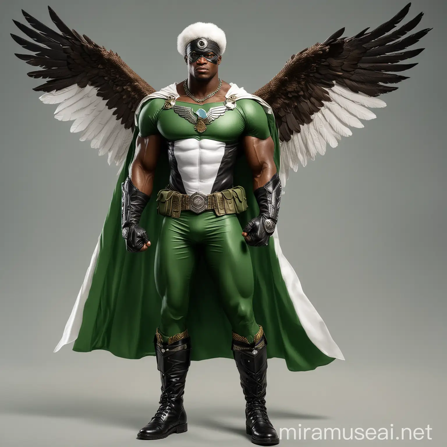 A Nigerian muscular superhero named Captain Eagle, his costume is mostly green with a touch of white, like the Nigerian flag, his suit has an eagle emblem on his chest, he has a black utility belt and a headband with a diamond stone in the middle, his boots are white, and he has a white Cape.