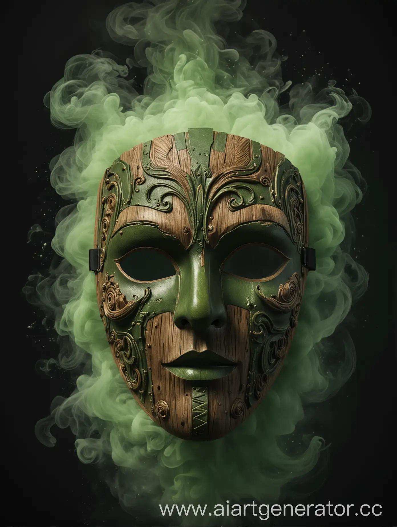 Постер фильма,Деревянная магическая маска,вокруг зелёный дым,черный задний фон,название фильма Маска,4к,реалистично,от студии 20 century fox.
