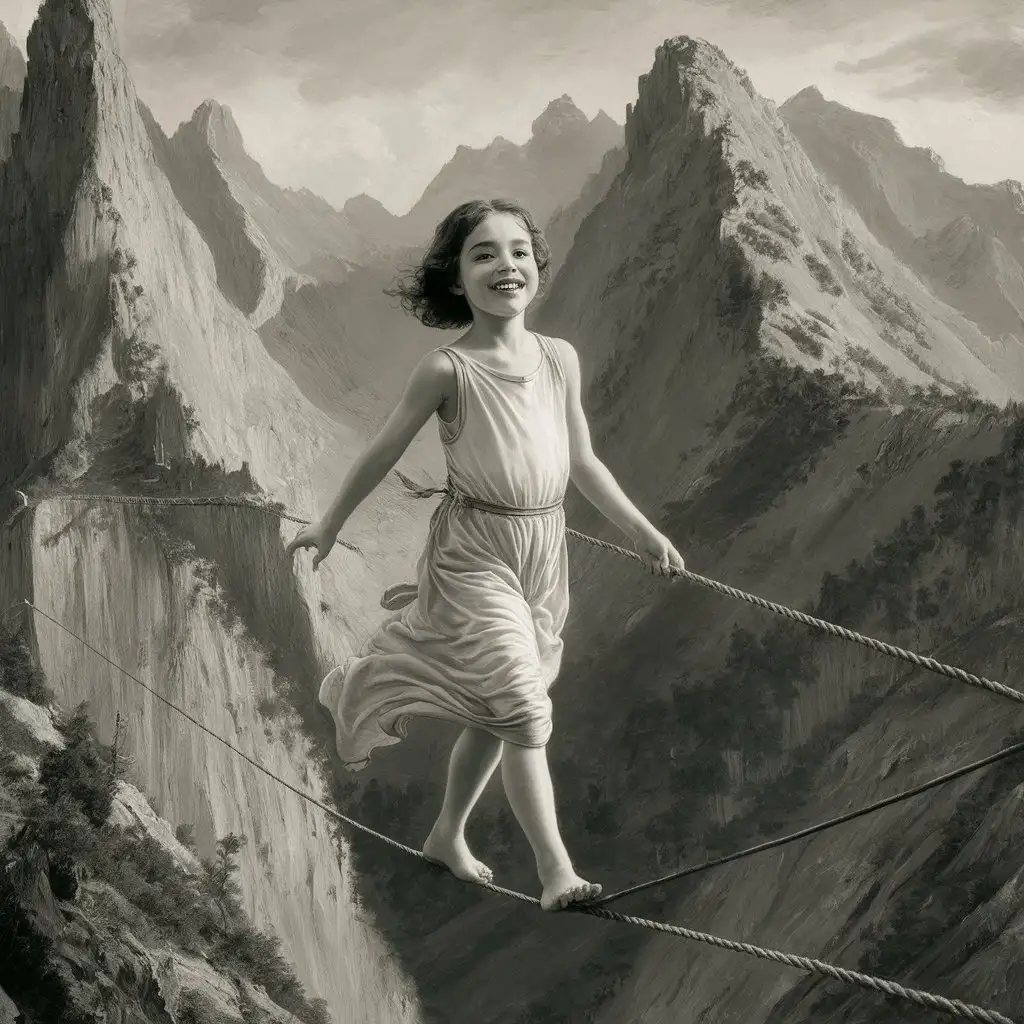 A simple black and white painting from the beginning of the 20th century is drawn with brush strokes of the figure of a beauty girl about 12 years old standing from his back and laughing walking on the rope rope between two moutains on dangerous way 