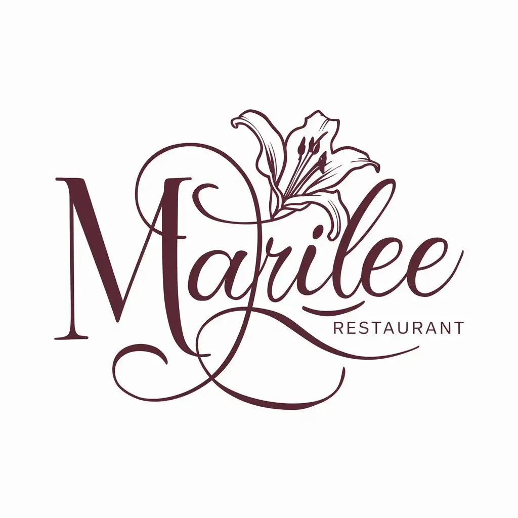 a logo design,with the text "Marilee", main symbol:delicate feminine font, beautiful capital letter , lily in the logo, French lily , burgundy color , handwritten text with a pen,complex,be used in Restaurant industry,clear background