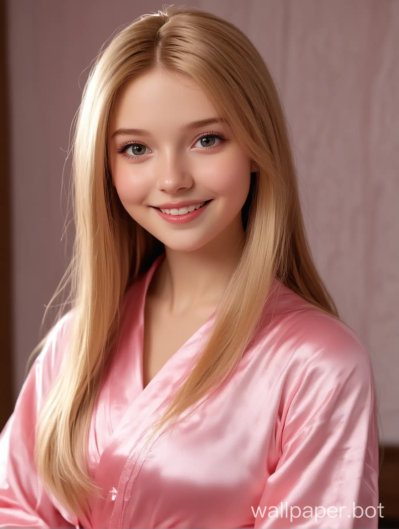 Realistic cutie Aurora with long straight hair in pink silk robe smiling