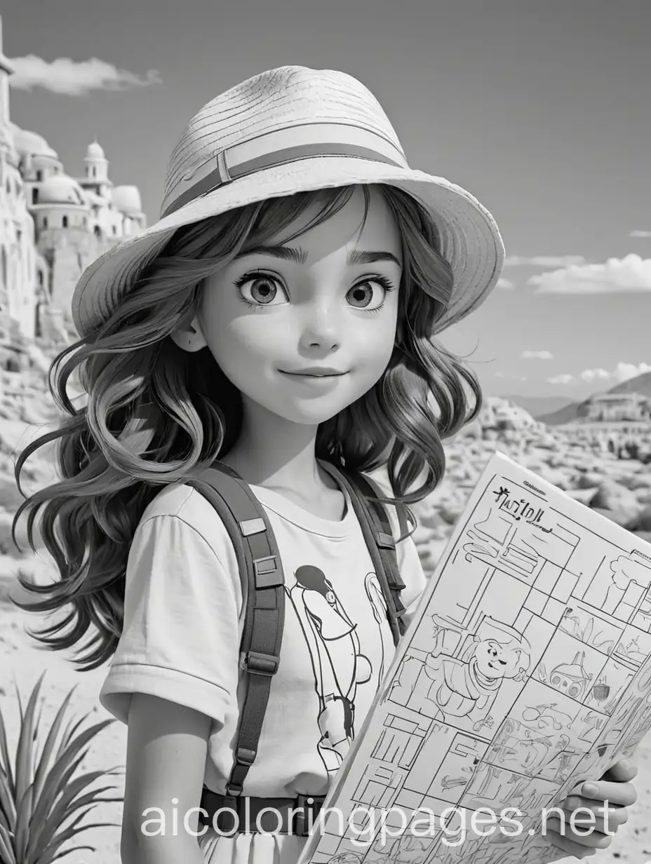 Design a magazine cover for tourist, Coloring Page, black and white, line art, white background, Simplicity, Ample White Space. The background of the coloring page is plain white to make it easy for young children to color within the lines. The outlines of all the subjects are easy to distinguish, making it simple for kids to color without too much difficulty