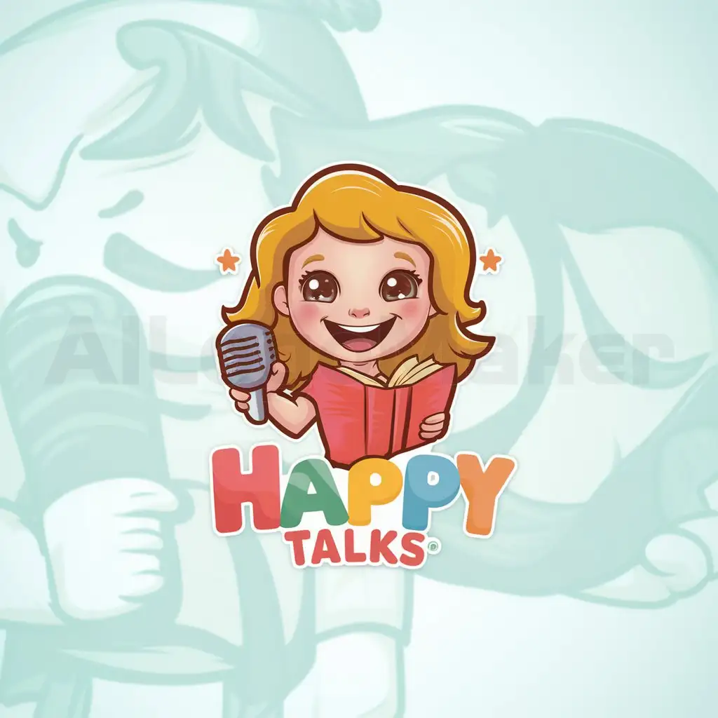 a logo design,with the text 'Happy Talks', main symbol:Cute girl with mic and book cartoon coloredfully,Moderate, clear background