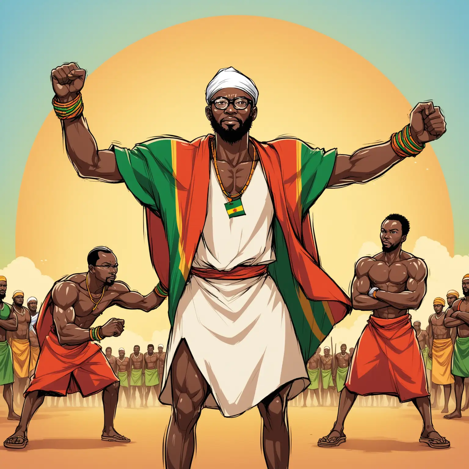 Illustrate an image of Amílcar Cabral from Guinea-Bissau, teaching african men and woman to be strong.
Cartoon style.