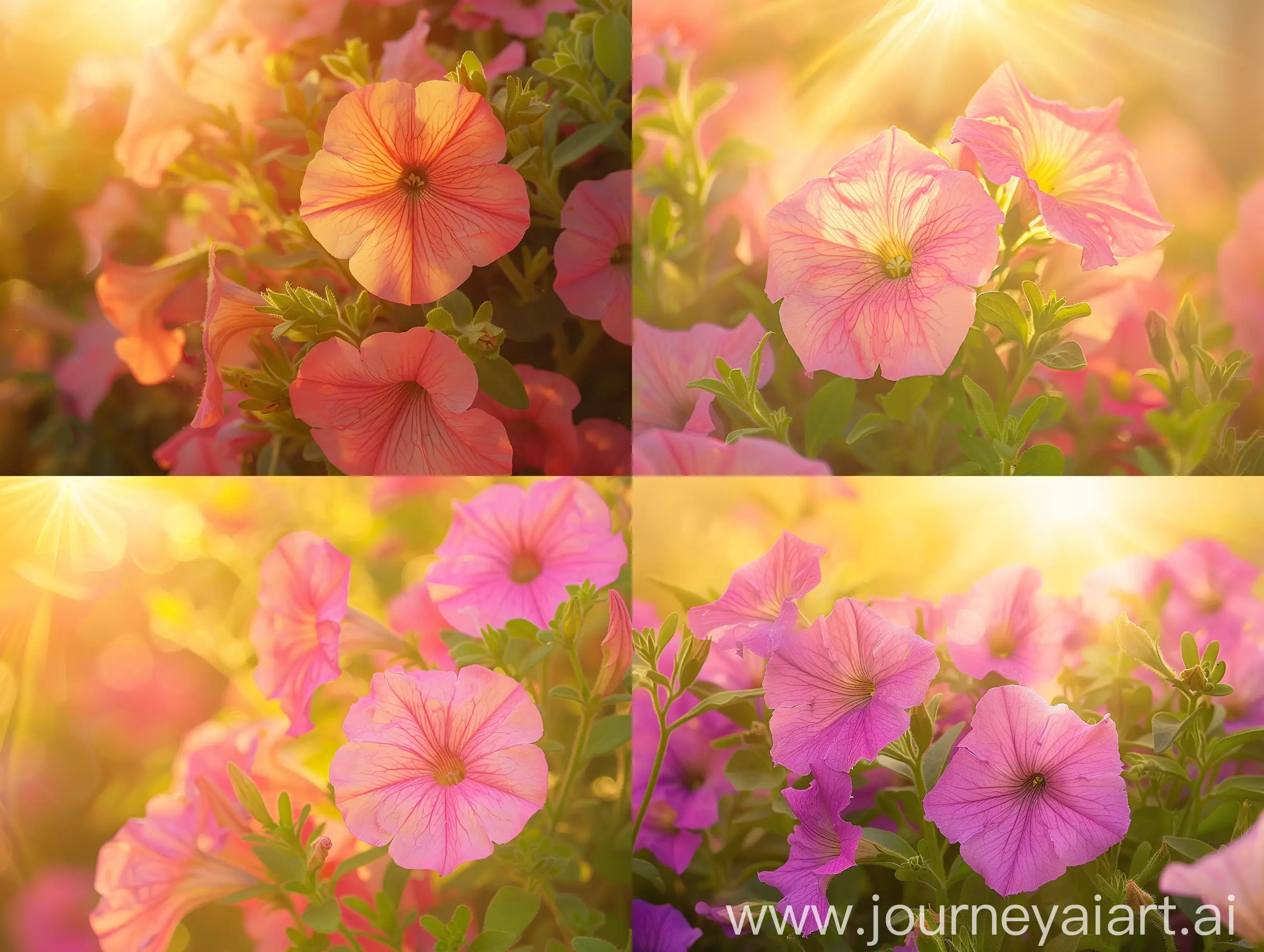 High detailed photo capturing a Petunia, Spellbound Pink Hybrid. The sun, casting a warm, golden glow, bathes the scene in a serene ambiance, illuminating the intricate details of each element.  The image evokes a sense of tranquility and natural beauty, inviting viewers to immerse themselves in the splendor of the landscape. --ar 16:9 