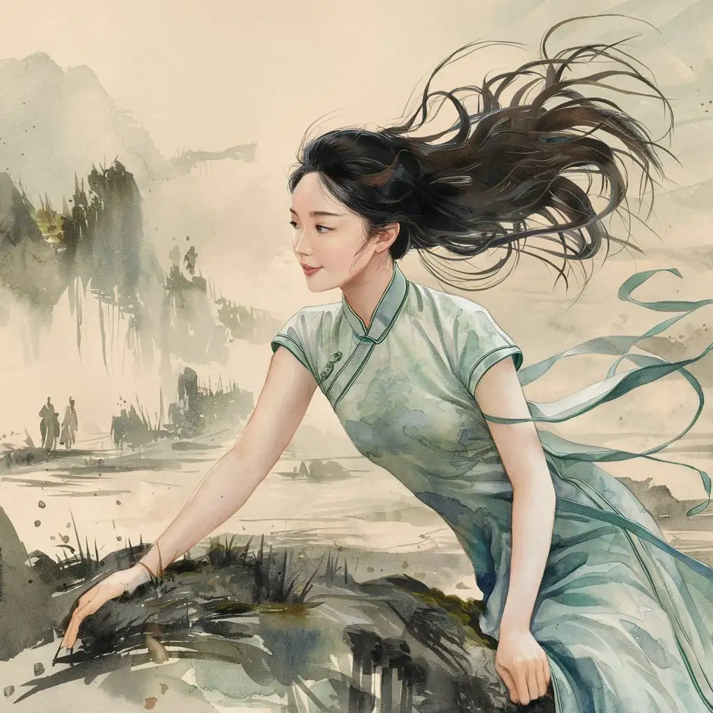 中國女人在接上吹風 頭髮飄盪  水墨畫