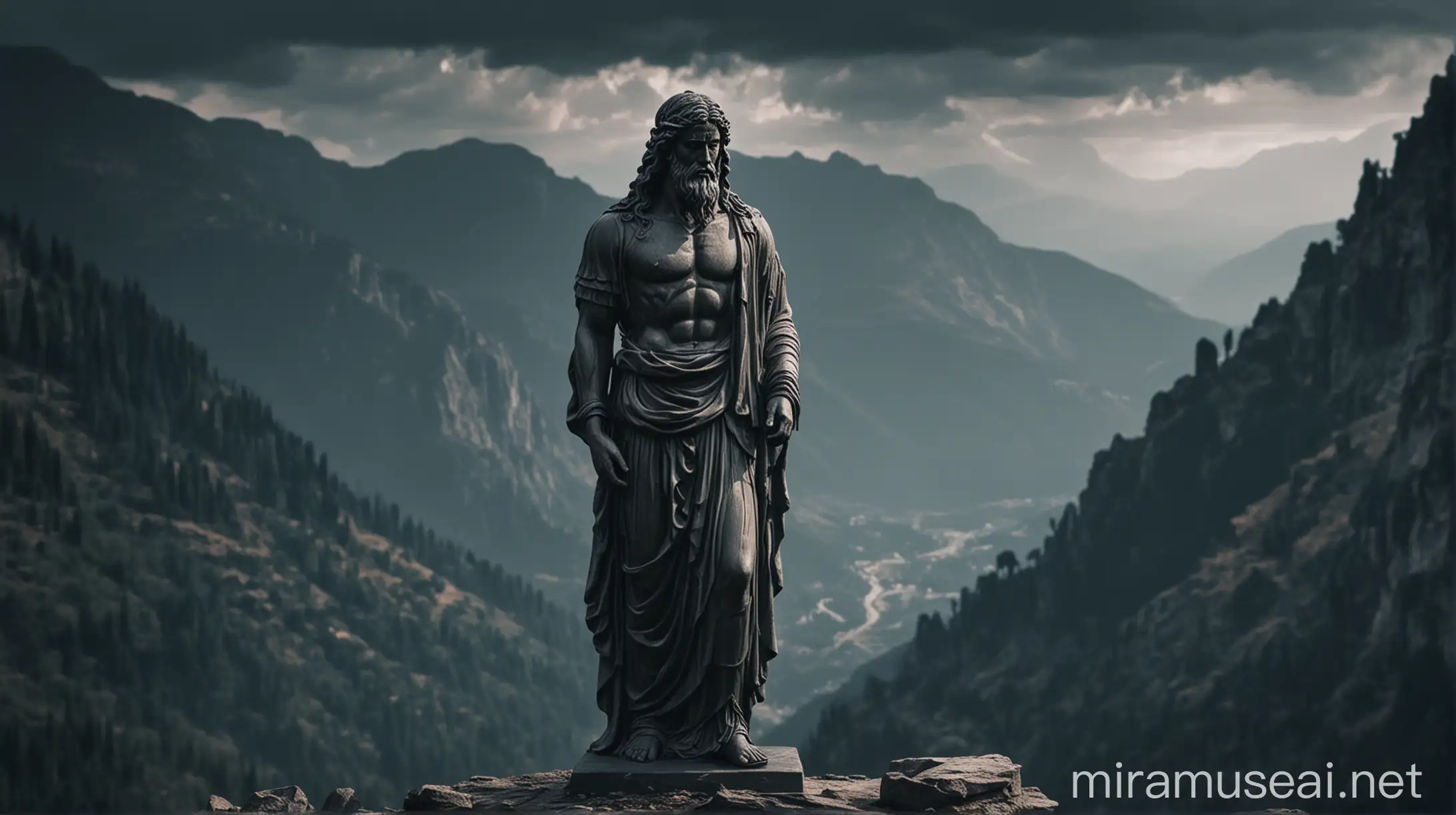 Stoic statue(dark) with long hair standing in the mountains. 