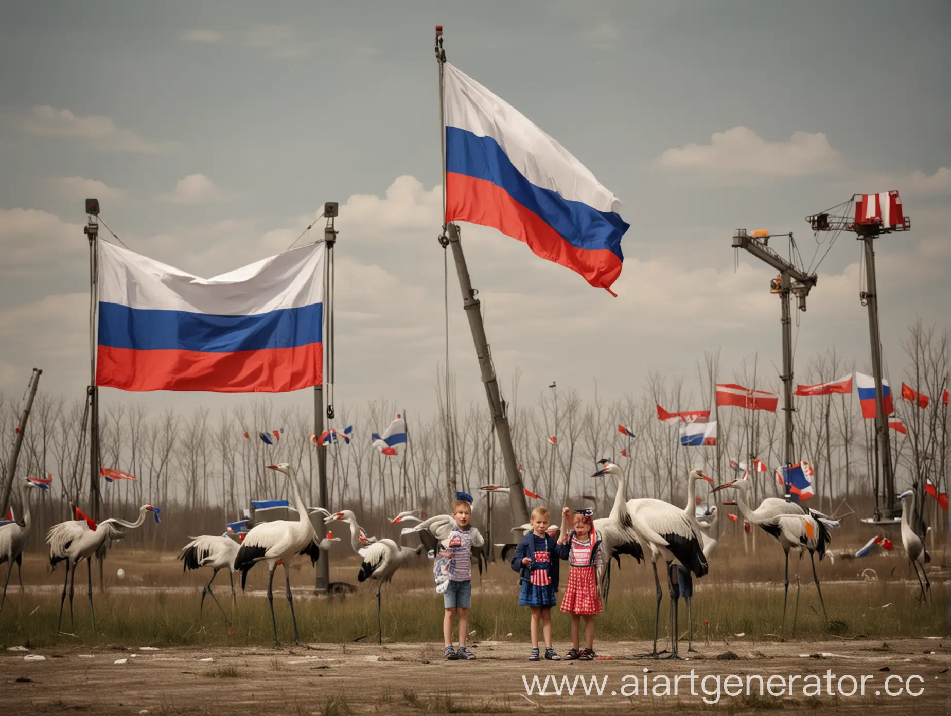 Патриотическое фото с журавлями, детьми и российским флагом