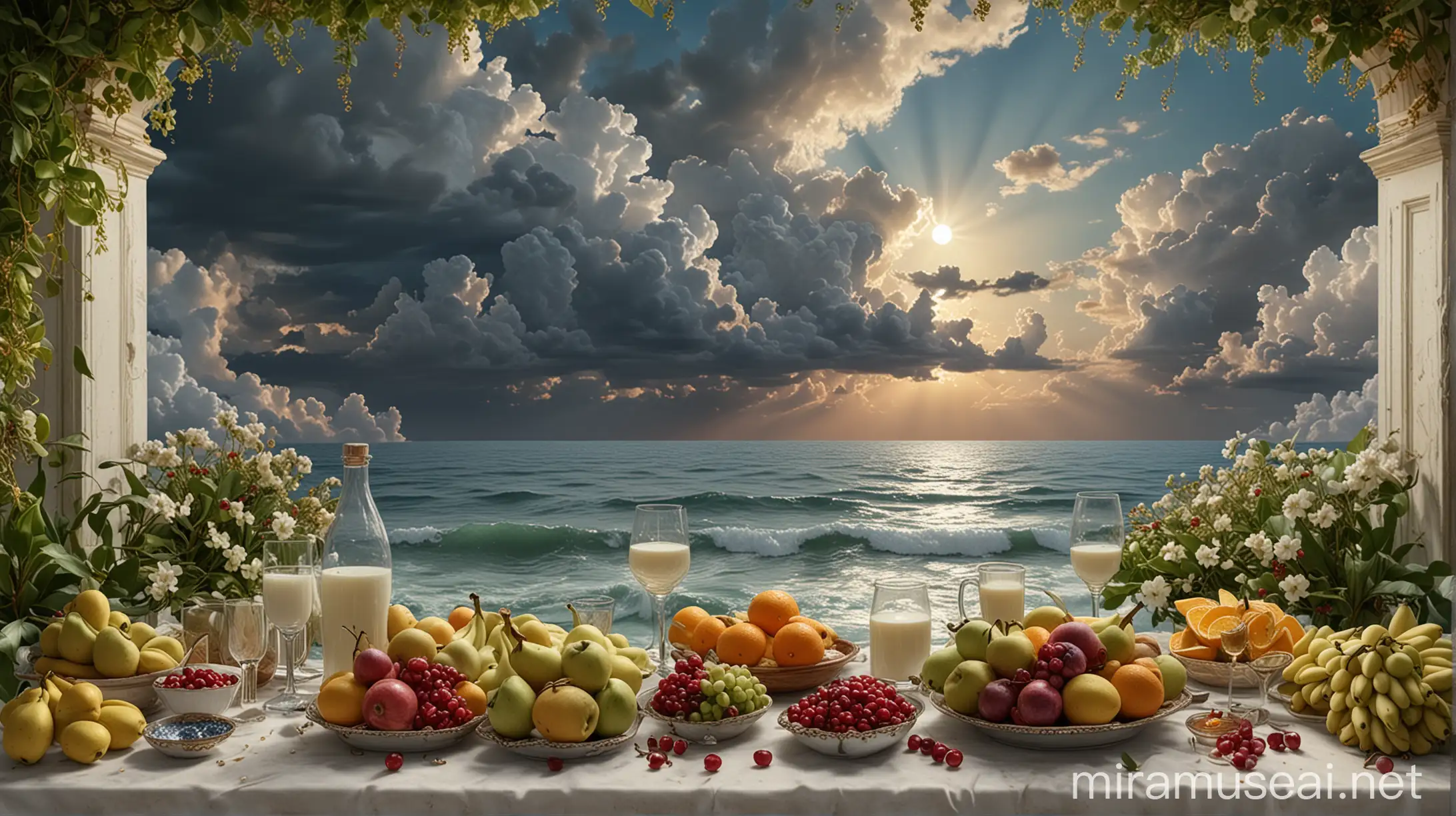 Heavenly Coastal Sunset with Fruits and Palaces of Pearls and Gold