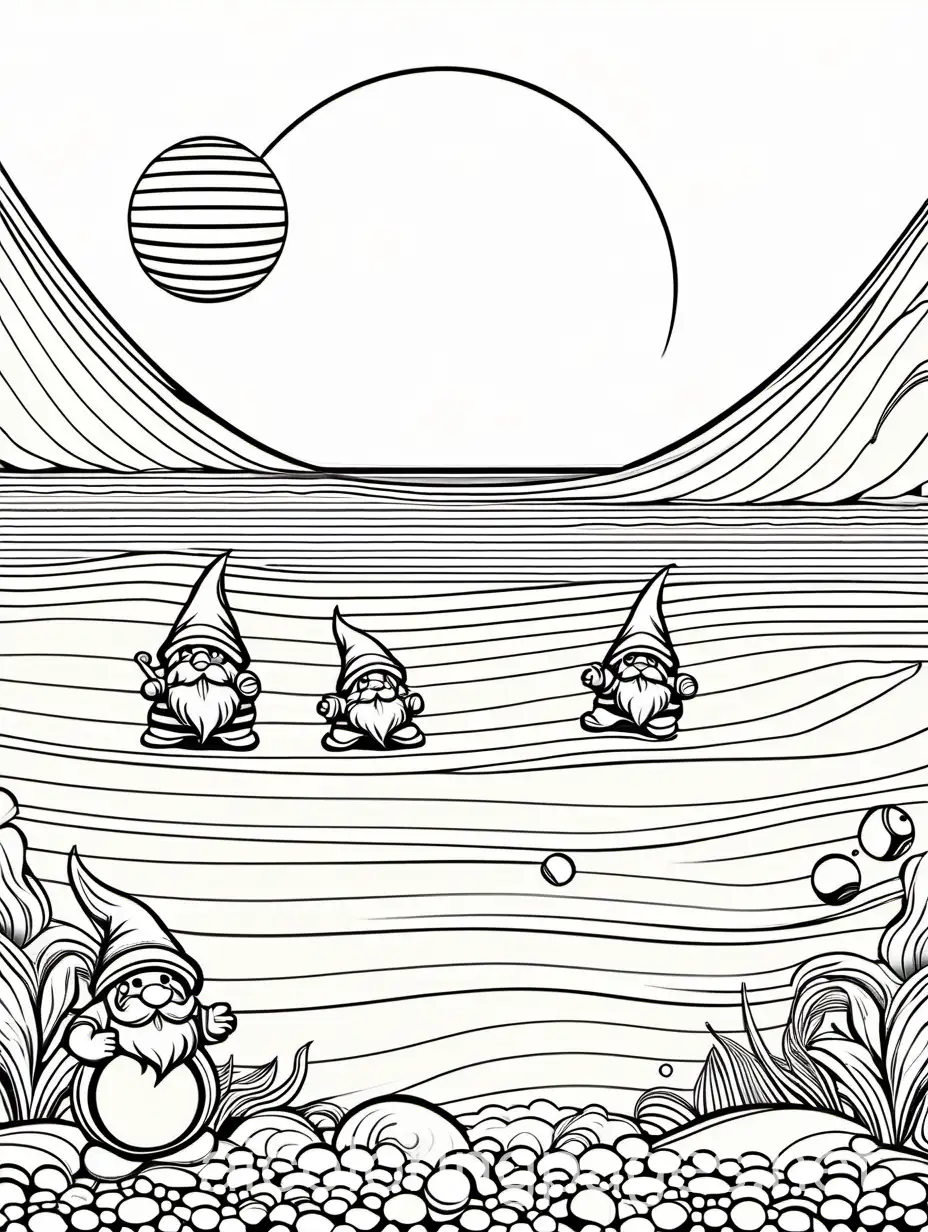  gnomes playing beach ball,  for infant, thick lines, white space, no shading, , Coloring Page, black and white, line art, white background, Simplicity, Ample White Space. The background of the coloring page is plain white to make it easy for young children to color within the lines. The outlines of all the subjects are easy to distinguish, making it simple for kids to color without too much difficulty