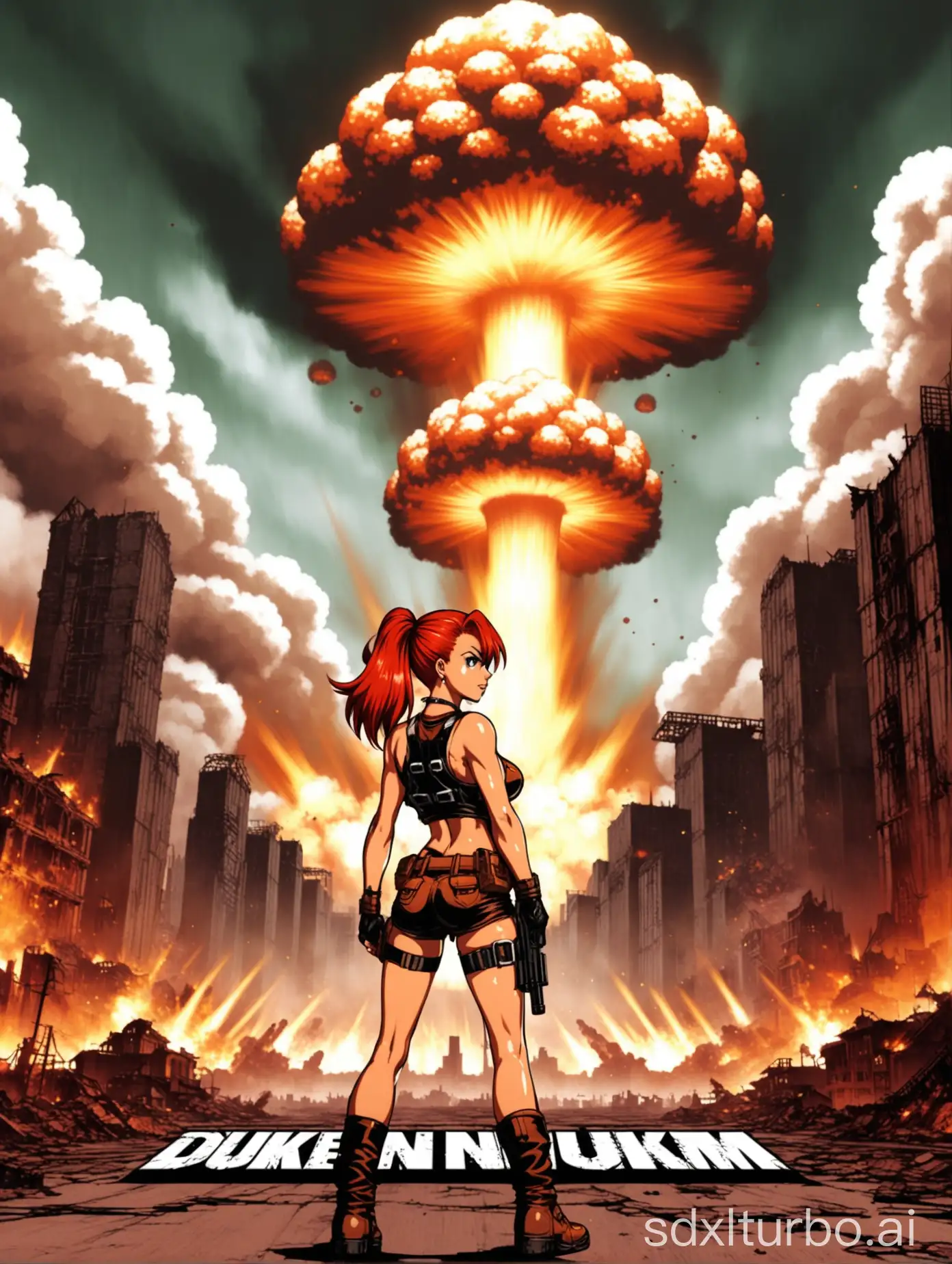 redhead anime girl in duke nukem 3d title screen, mushroom cloud in the background, destroyed city settting