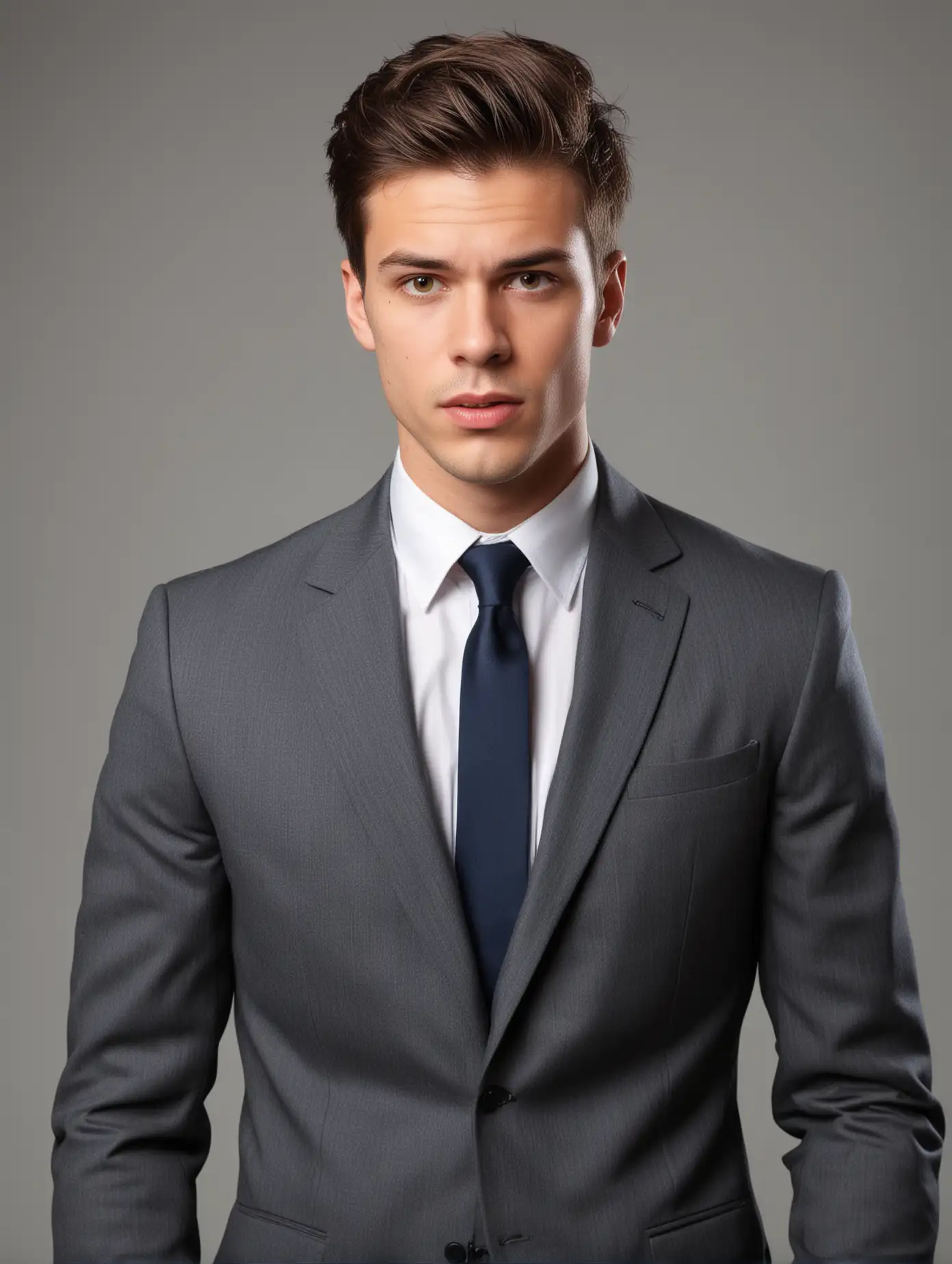 A handsome young man in a suit with a questioning expression on his face, gray background