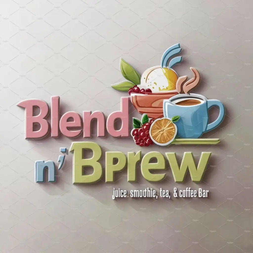 a logo design,with the text "A juice, smoothie, ice cream, tea and coffee bar called Blend 'N' Brew. We want a vibrant catchy logo that is appealing to the eye", main symbol:juices,Moderate,be used in Restaurant industry,clear background
